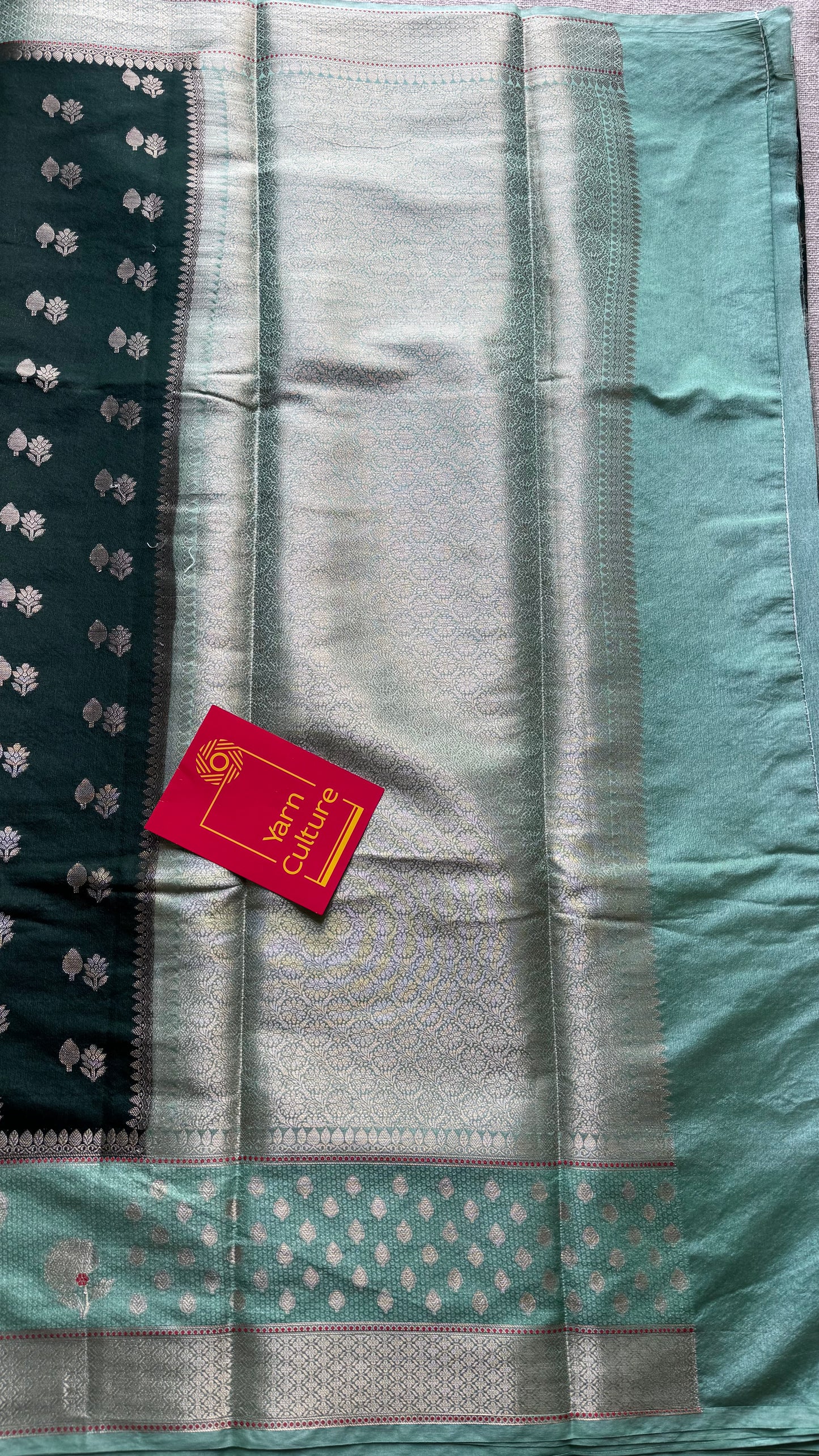 Dark green with pastel green border, semi dupion silk - YCBLSSJA25