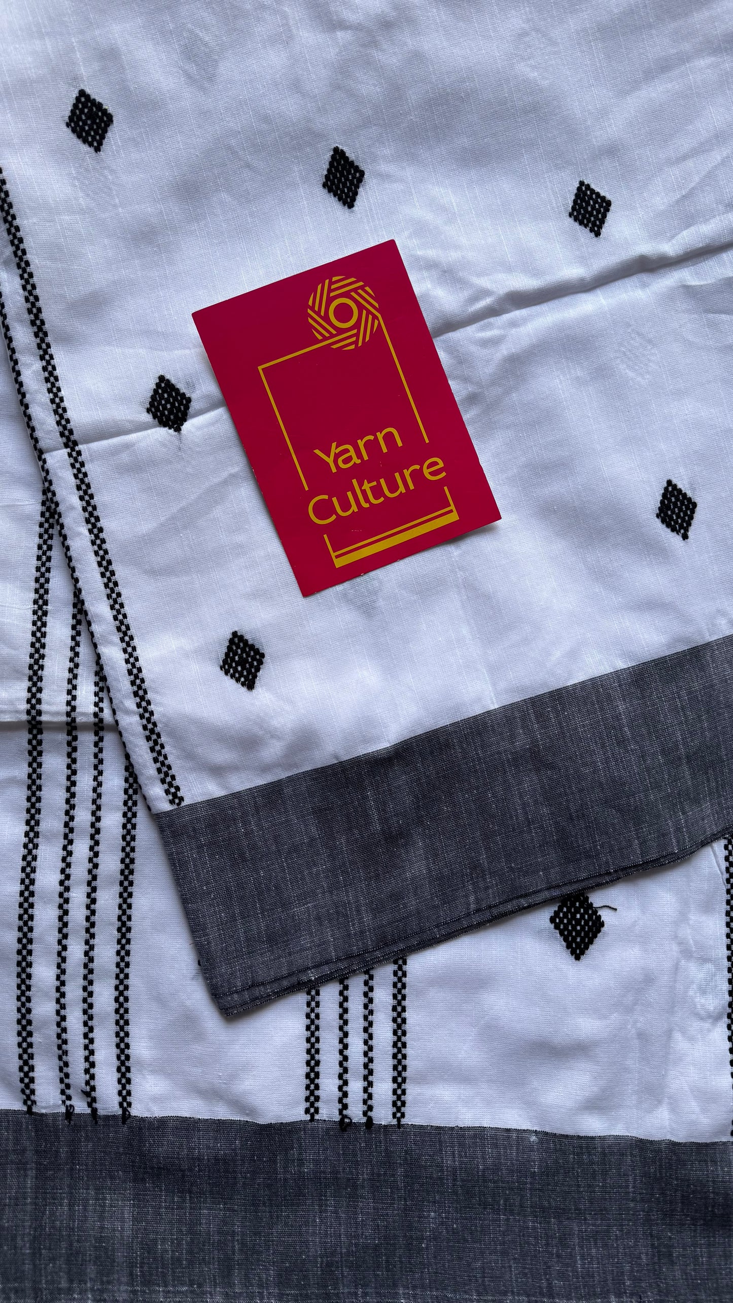 White with black, soft khadi cotton with woven motifs - YCBCKCDE23