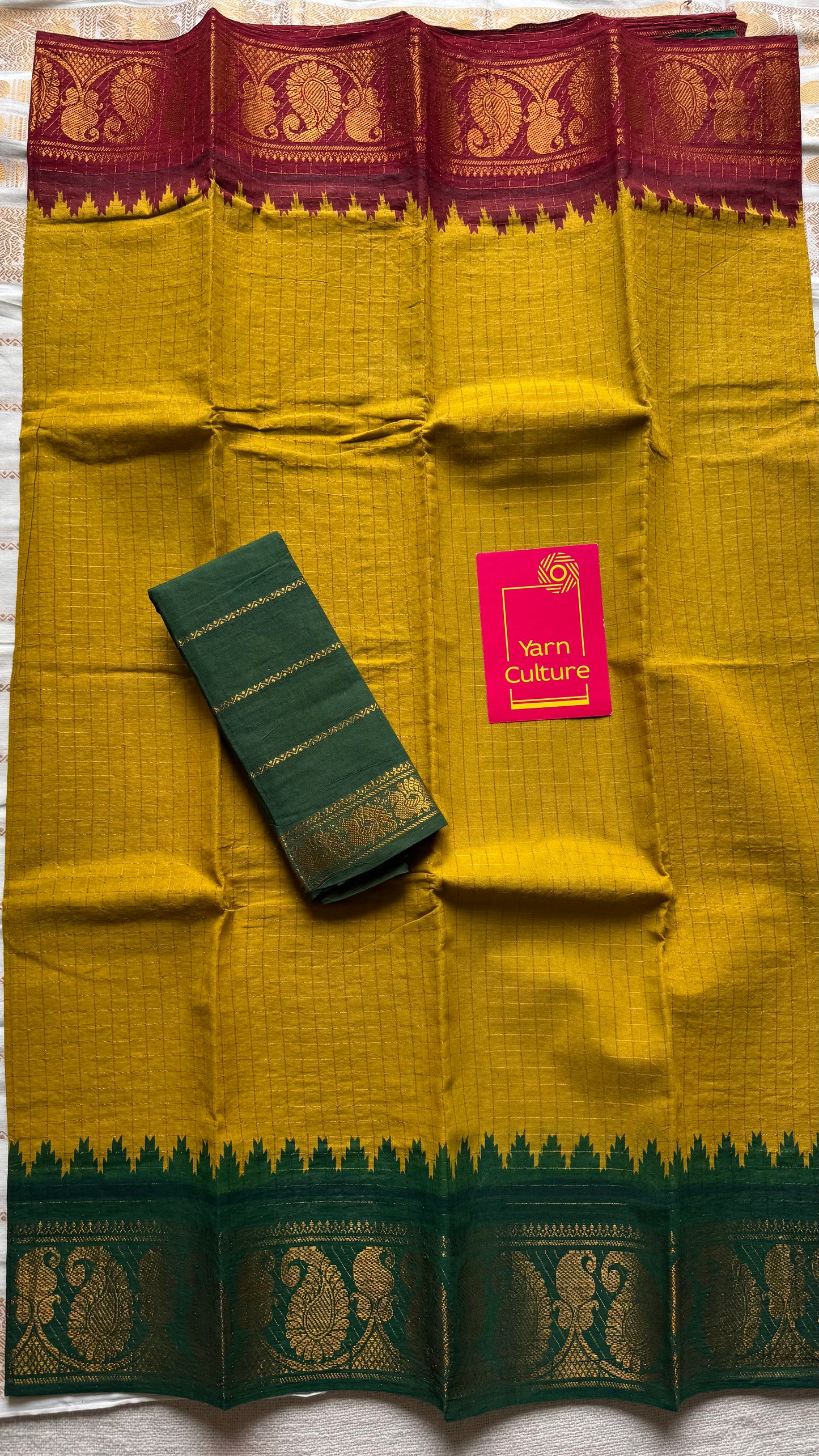 Sungudi cotton checks, mustard yellow base, maroon and dark green dual tone border, soft cotton - YCCOTNMSJUL11