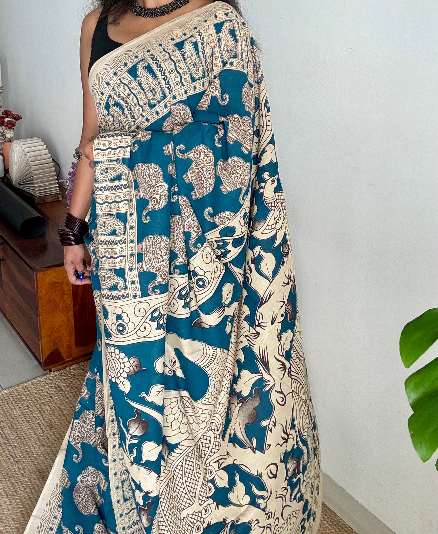 Peacock blue kalamkari saree, elephant motifs, soft cotton - YCWOTDMA350