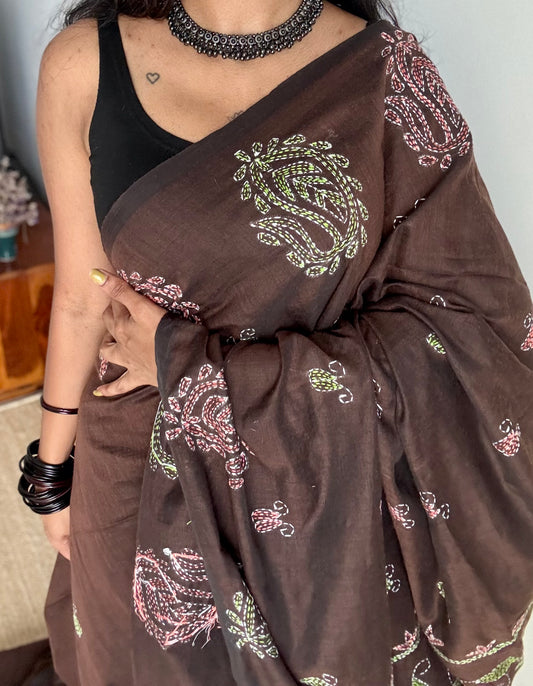 Mrittikar Gondho (মৃত্তিকার গন্ধ) - The Scent of Soil, dark brown kantha weave in soft khadi cotton - YCBCSEKC04