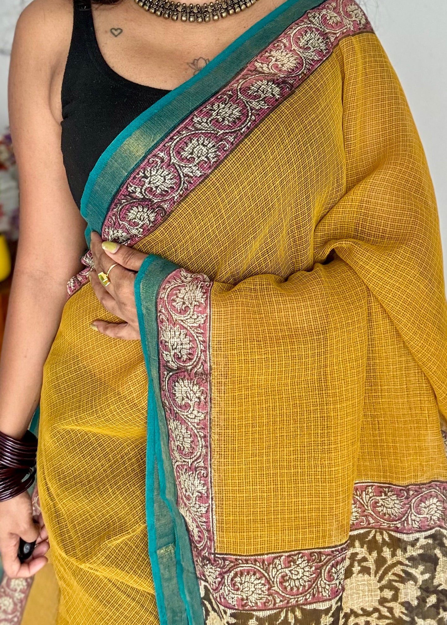 Haldi Pop - Mustard yellow kota doria saree, with gold zari border - YCTORKDAP07