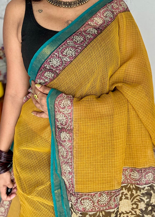 Haldi Pop - Mustard yellow kota doria saree, with gold zari border - YCTORKDAP07
