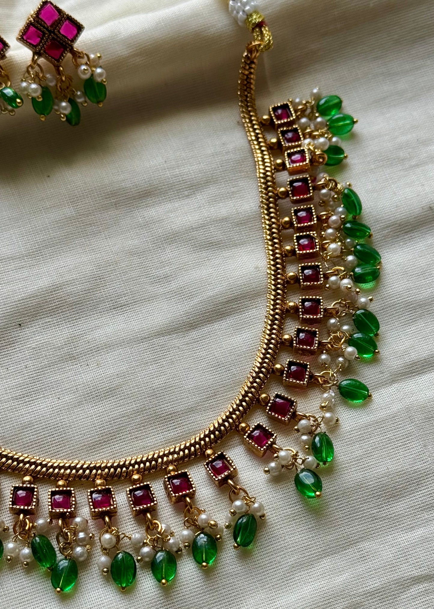 Antique gold jadau kundan choker neckpiece with earrings - YCAGNP272