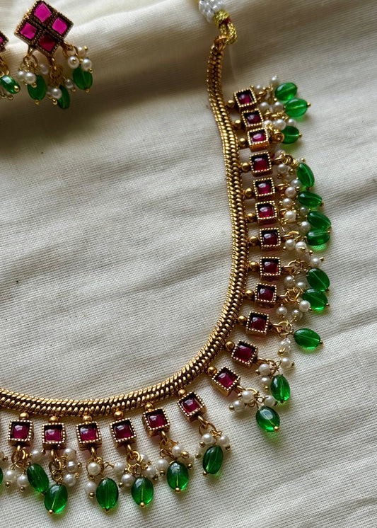 Antique gold jadau kundan choker neckpiece with earrings - YCAGNP272
