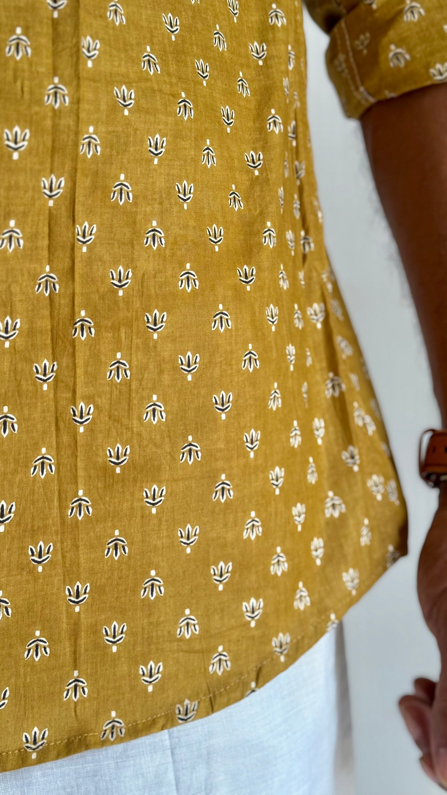 Mehendi Green Lotus Motif Block Printed Cotton Men's Full Sleeve Collared Shirt - YCMSEIE202