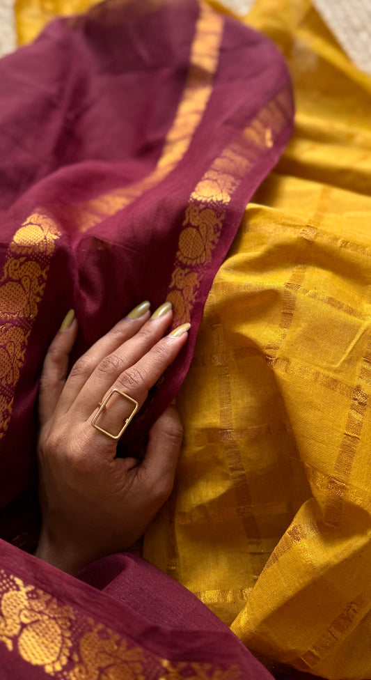 Kandigai (கண்டிகை): maroon with ginger yellow, sungudi cotton - YCENOID11