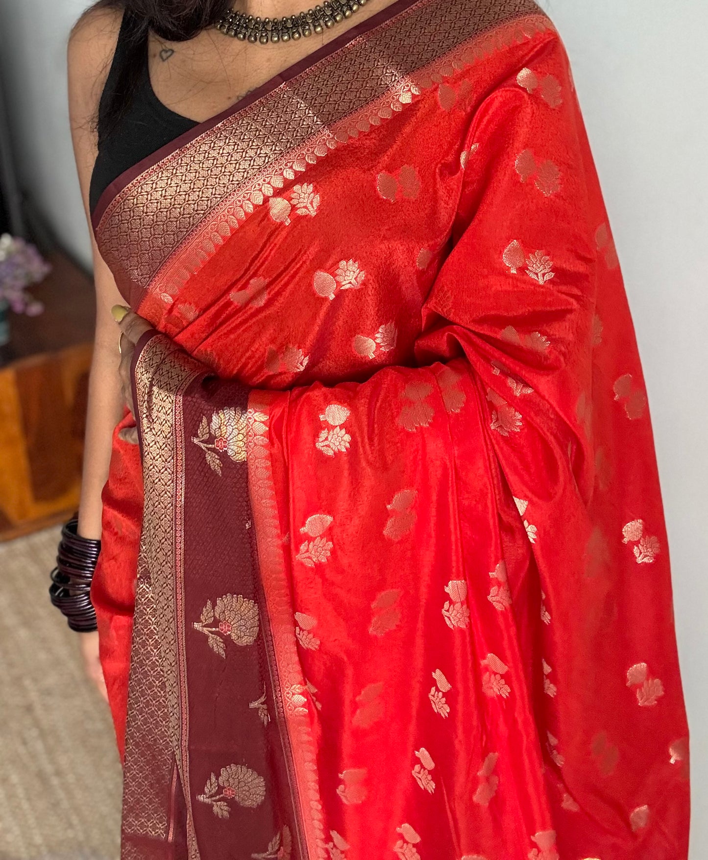 Dark orange with coffee brown border, semi dupion silk - YCBLSSJA24