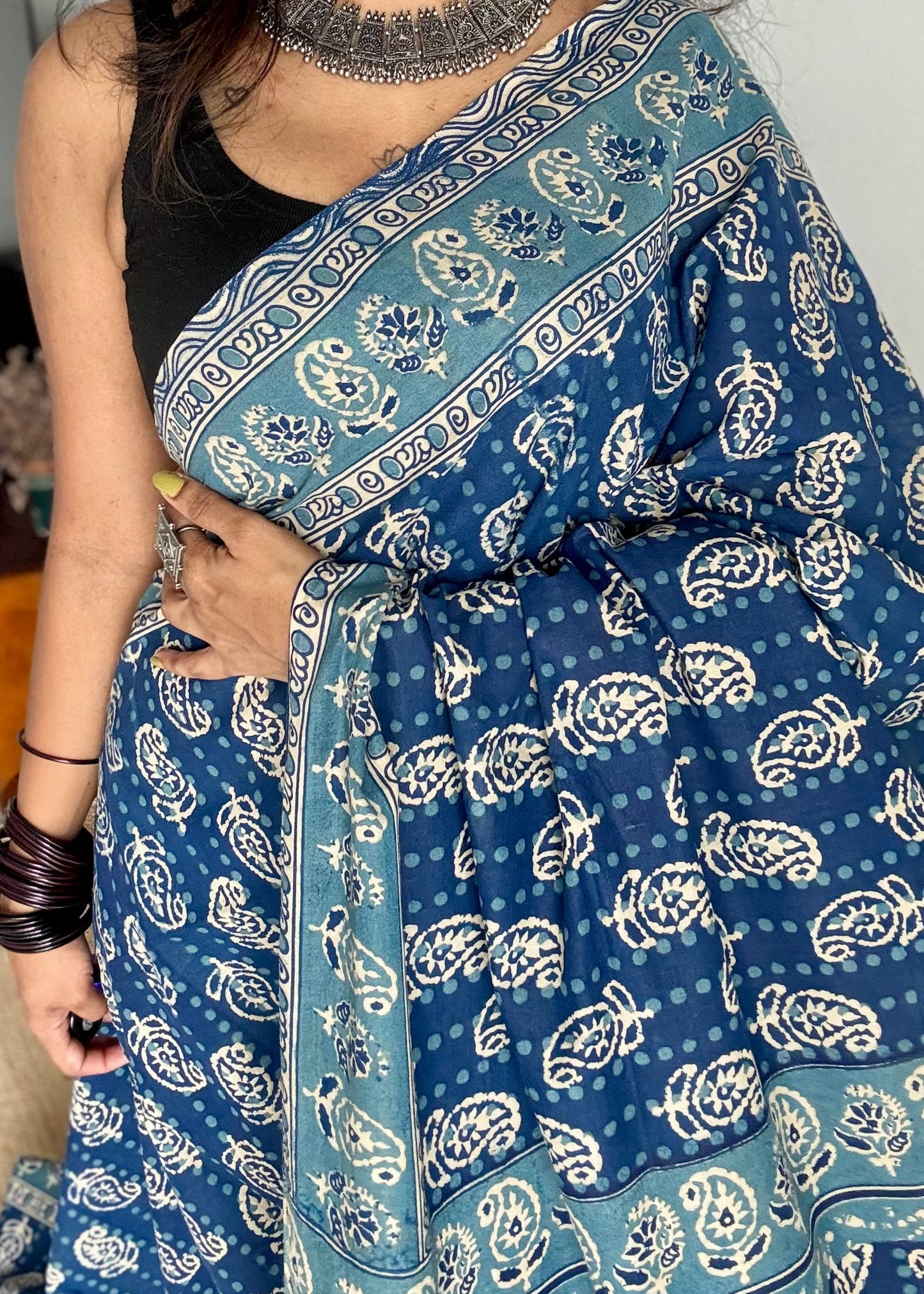 Indigo with light blue kalamkari, paisley motifs, soft cotton - YCWOTDOCMP84