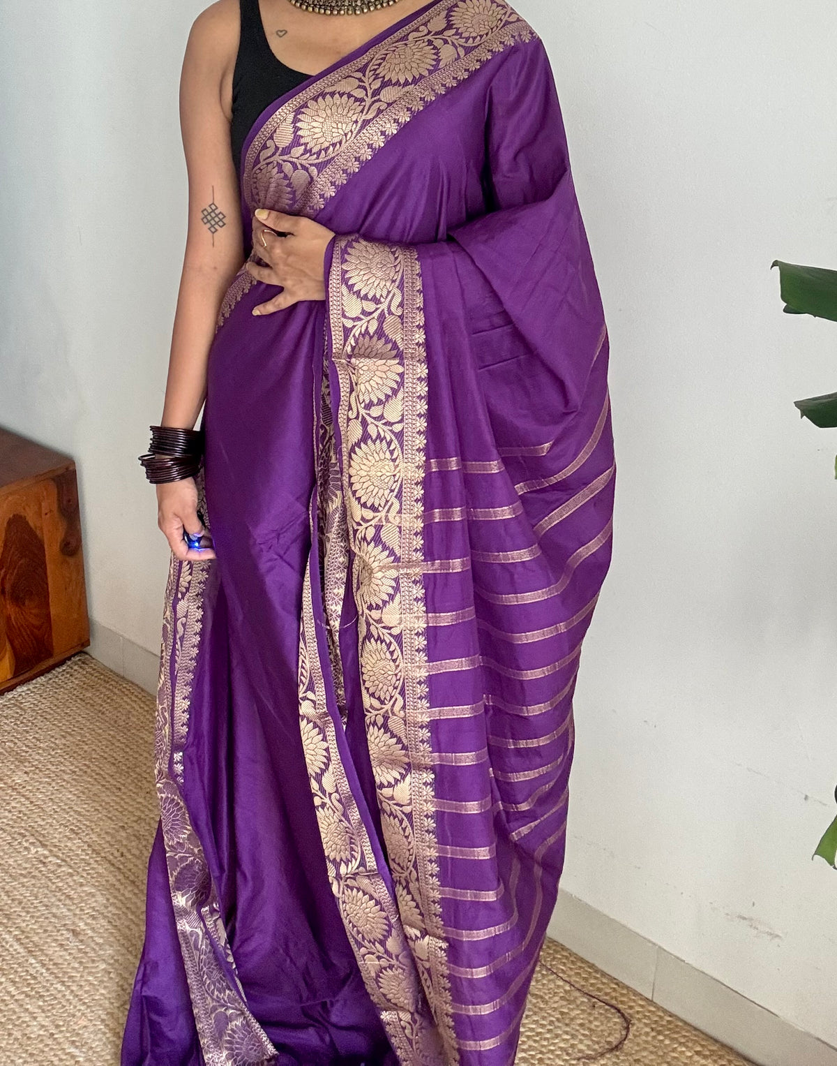Purple, semi crepe silk saree with antique gold floral border - YCLOKOC59