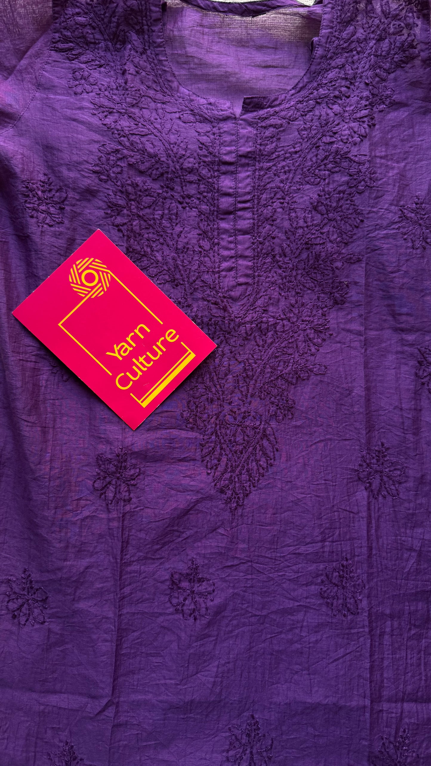 Purple muslin chanderi chikankari with bakhiya work, stitched kurta, round neck, three fourth sleeves - YCSECK25