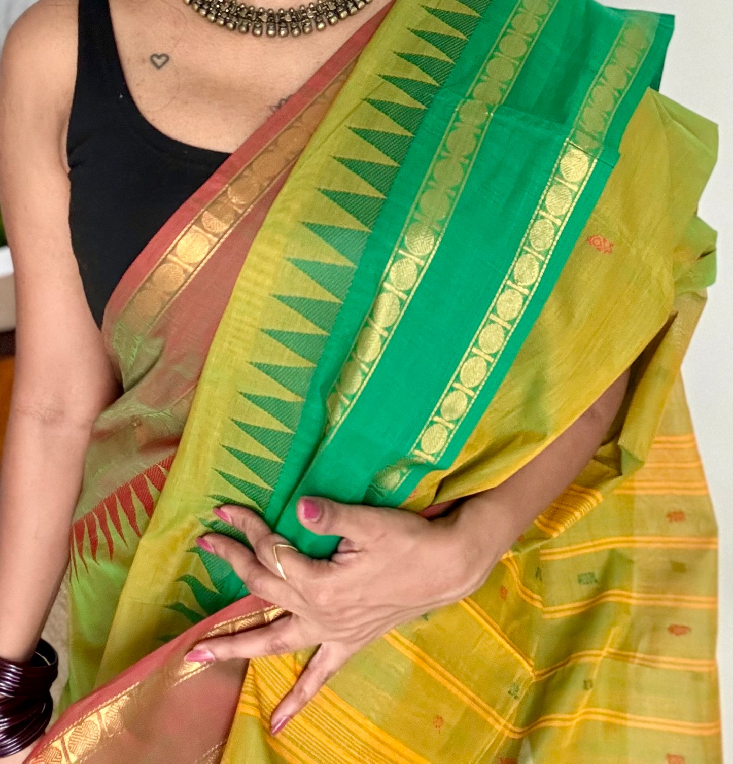 Kanchi cotton saree, light green with light brown and green dual border - YCCOTNAP101