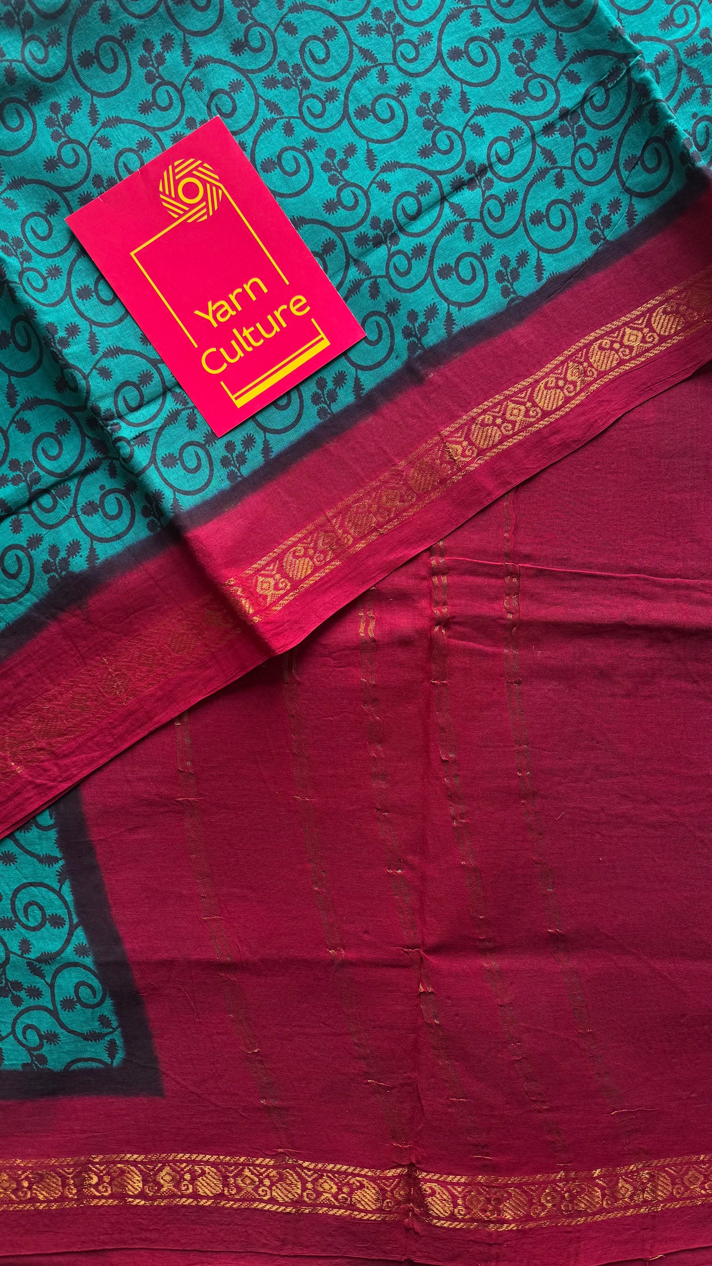 Madisar saree (9 yards) - Aqua green with red, motif printed, kattuchayam dyed madurai sungudi cotton saree - YCCOTNMSFE80