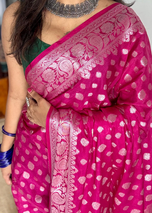 Rani pink, silver buttas and zari, Banarasi semi-silk - YCDESE43