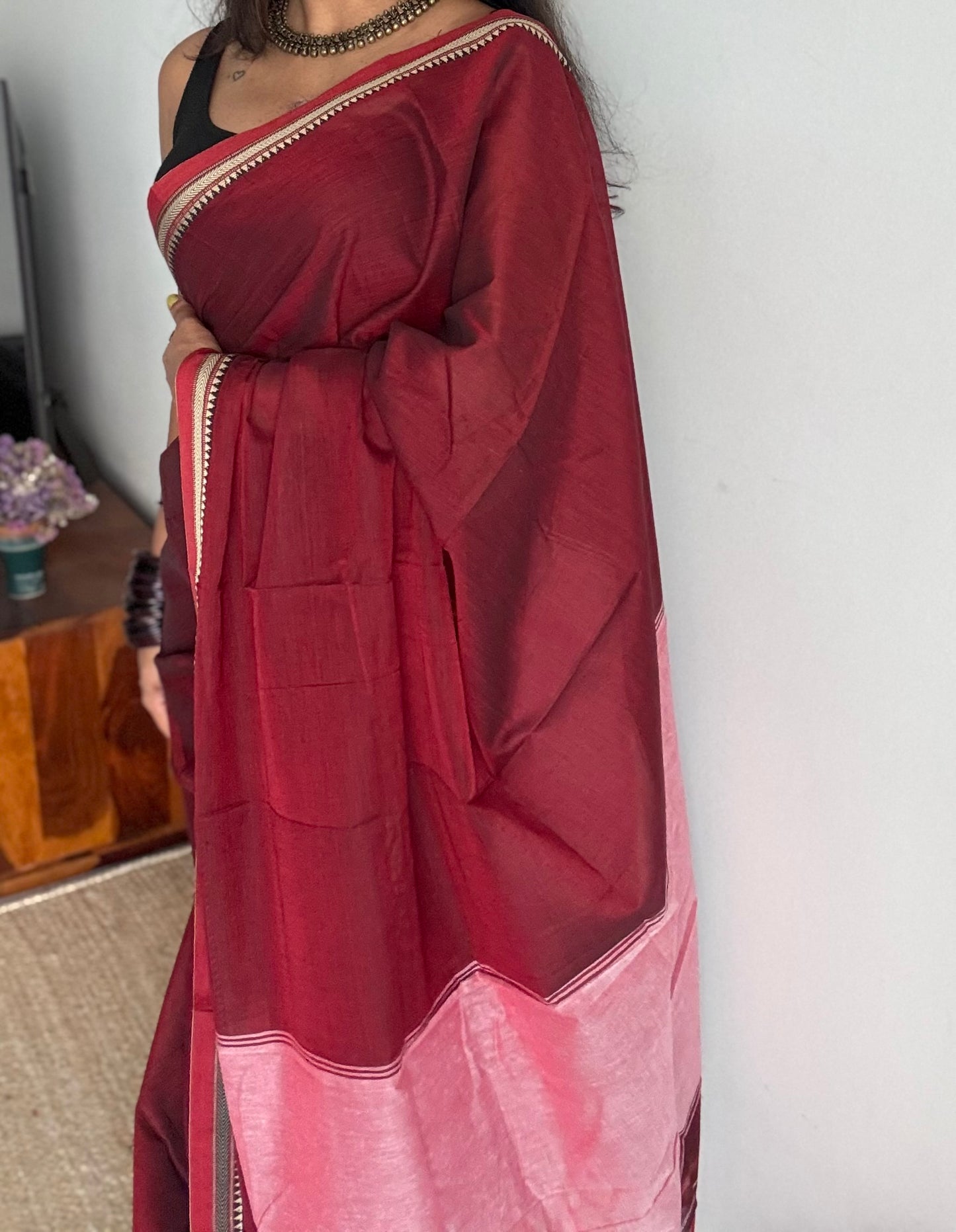 Maroon with red border narayanpet saree, soft cotton - YCWOTDNPFE30