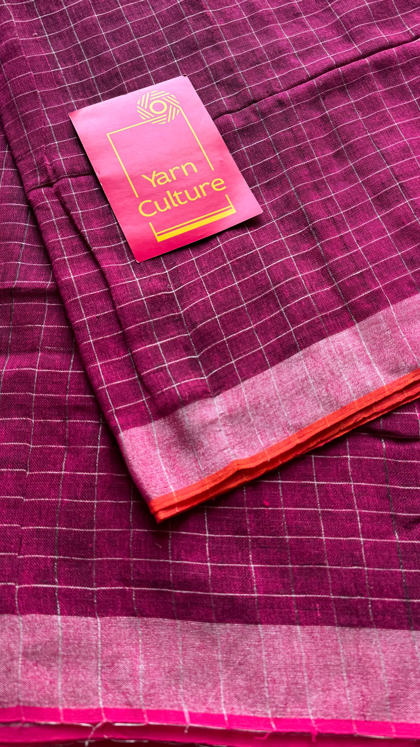 Ruby linen by cotton saree, silver checks & zari pallu - YCBCLCFE387