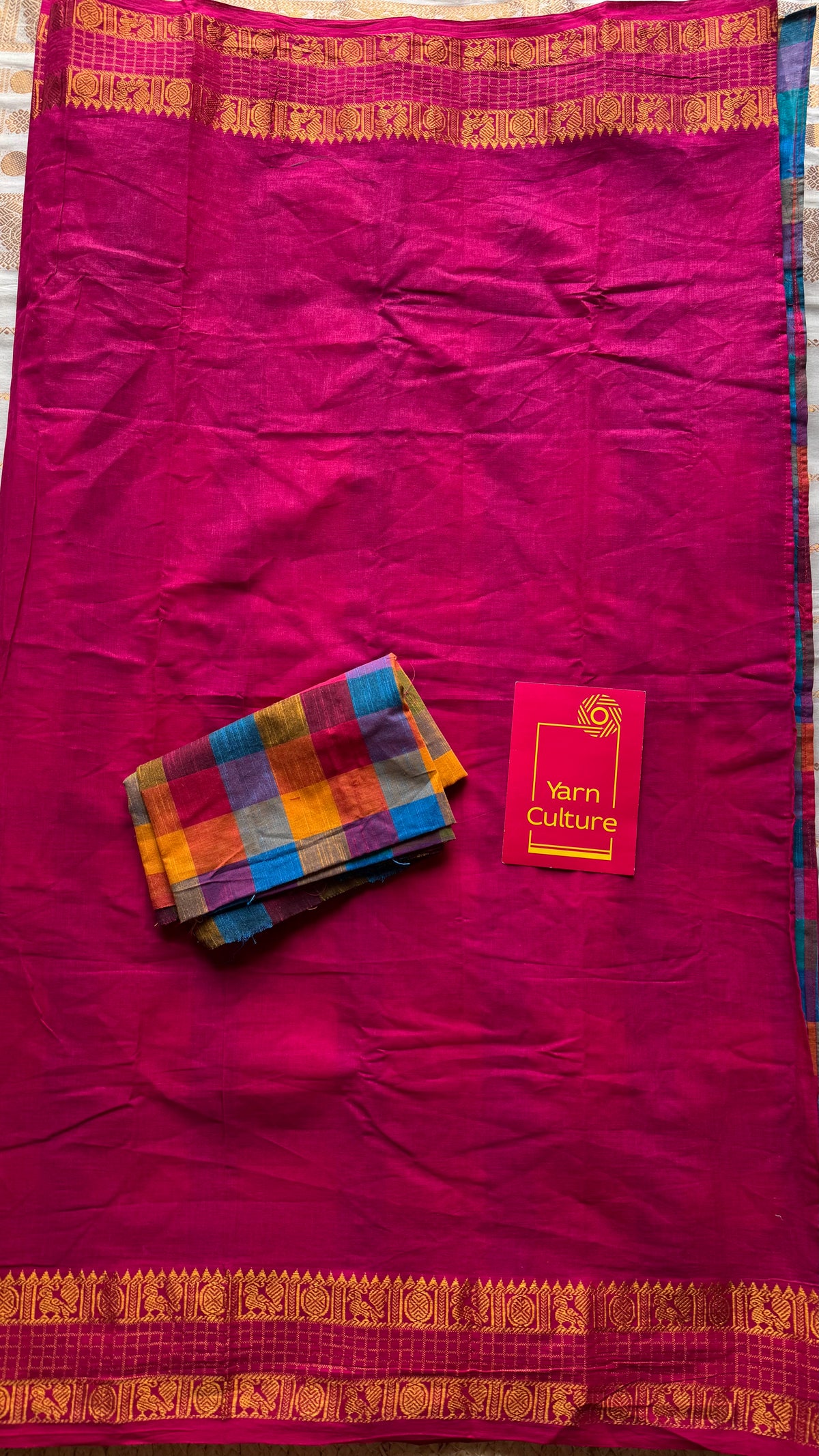 Hot pink with multicoloured madras checks, cotton half and half saree - YCCOTNIDOC163