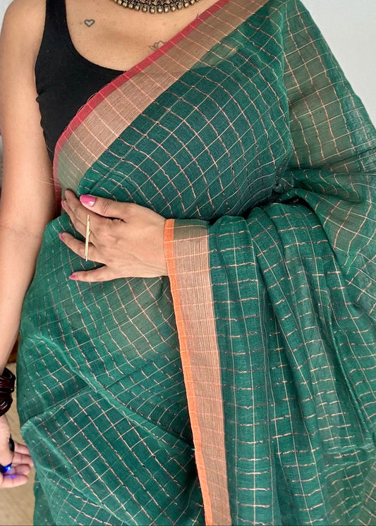 Green linen by cotton saree, gold checks & copper zari pallu - YCBCLCAP56b