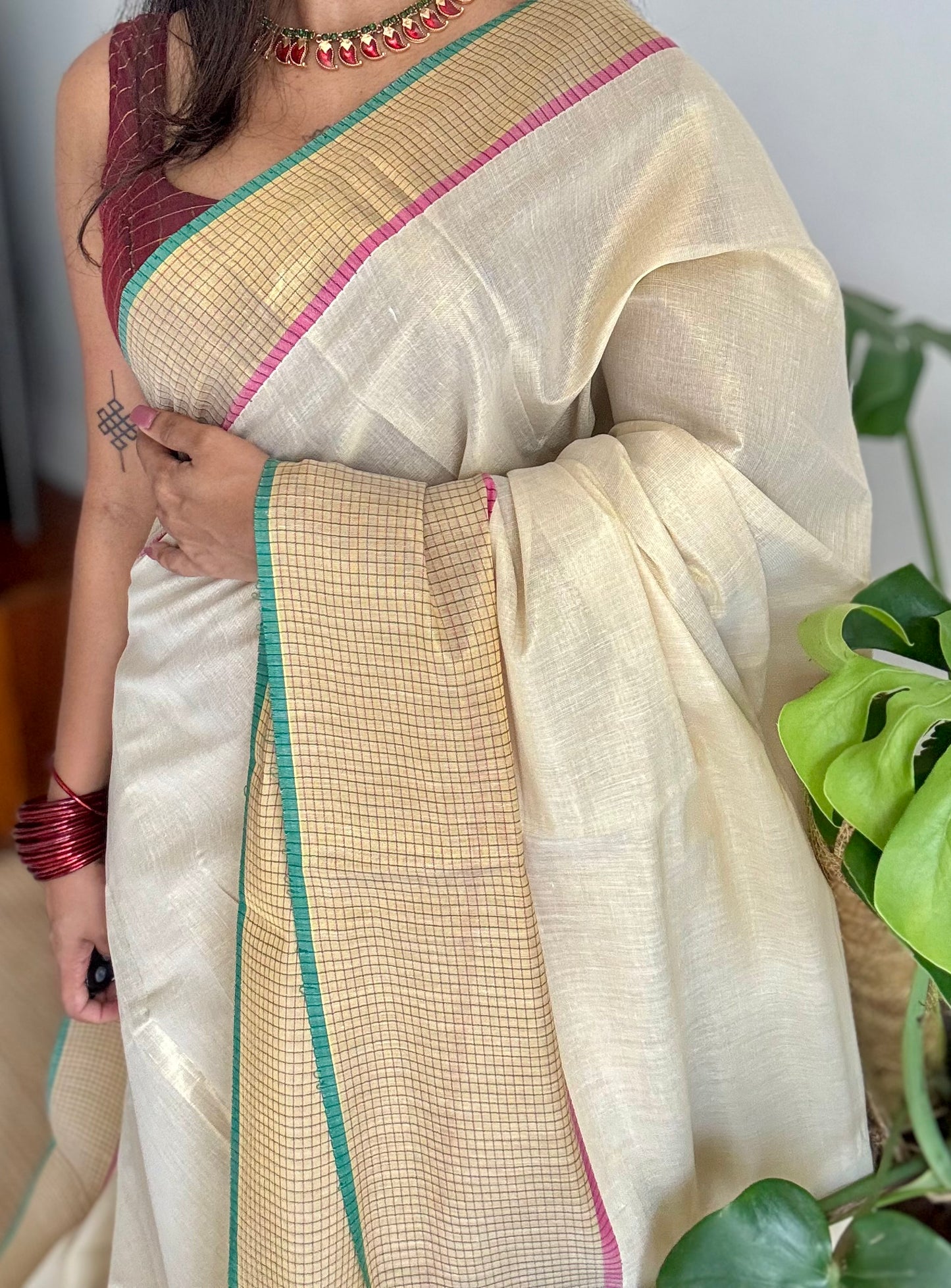 Ivory and gold soft tissue cotton saree, pink and green, checkered border - YCIEON77