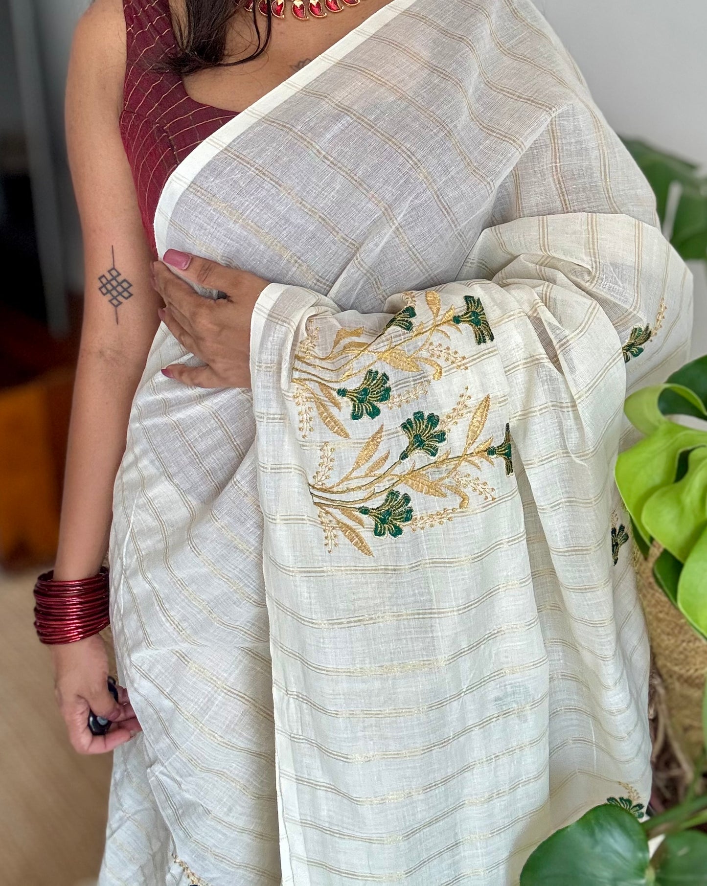 Ivory and gold soft cotton saree, dark green floral embroidery  - YCIEON51