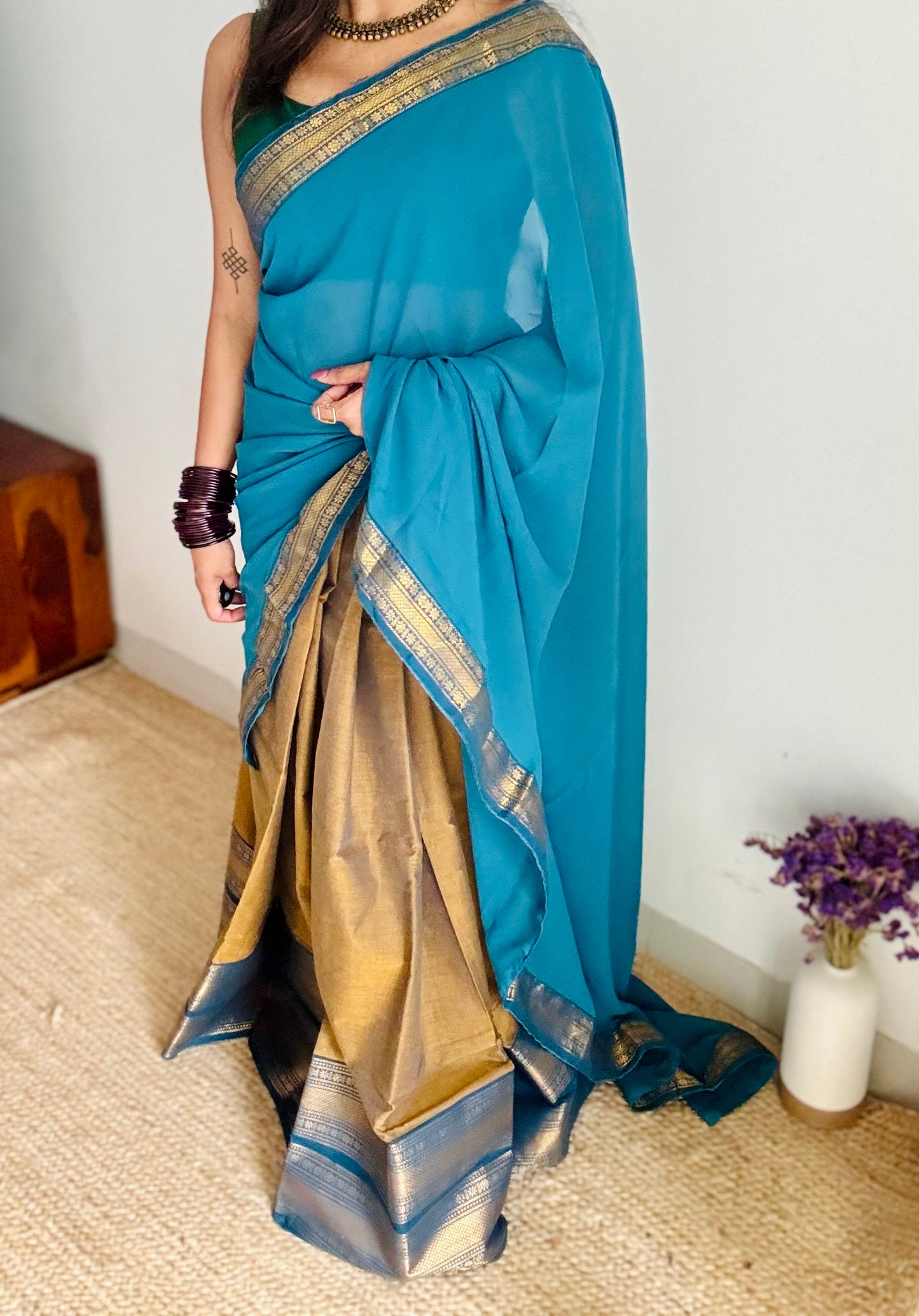 Mustard Brown - Blue unstitched half saree material (dhavani), kanchi cotton - YCIEHS206