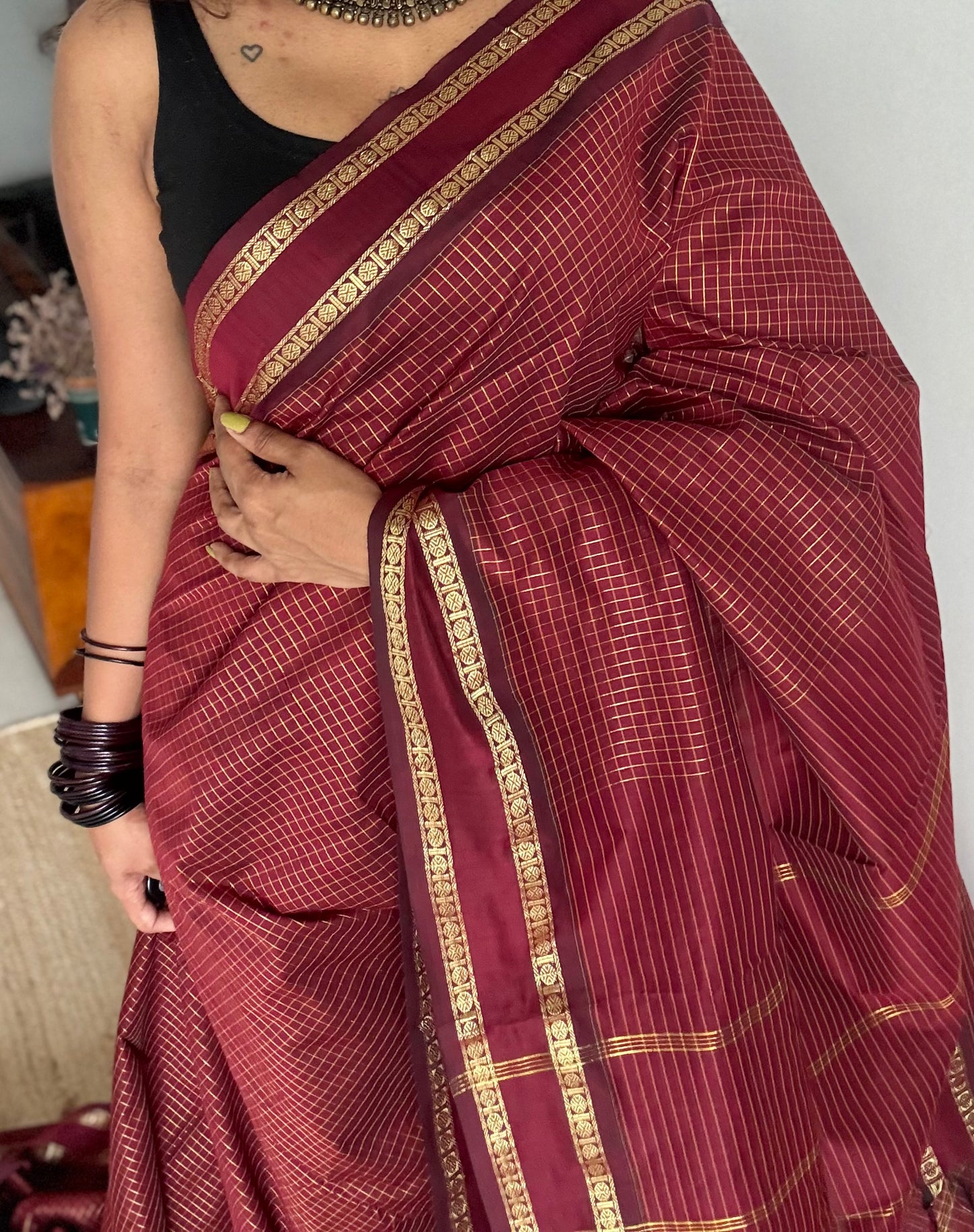 Maroonish brown, zari arani checks, cotton silk - YCCOTNOCAR36a