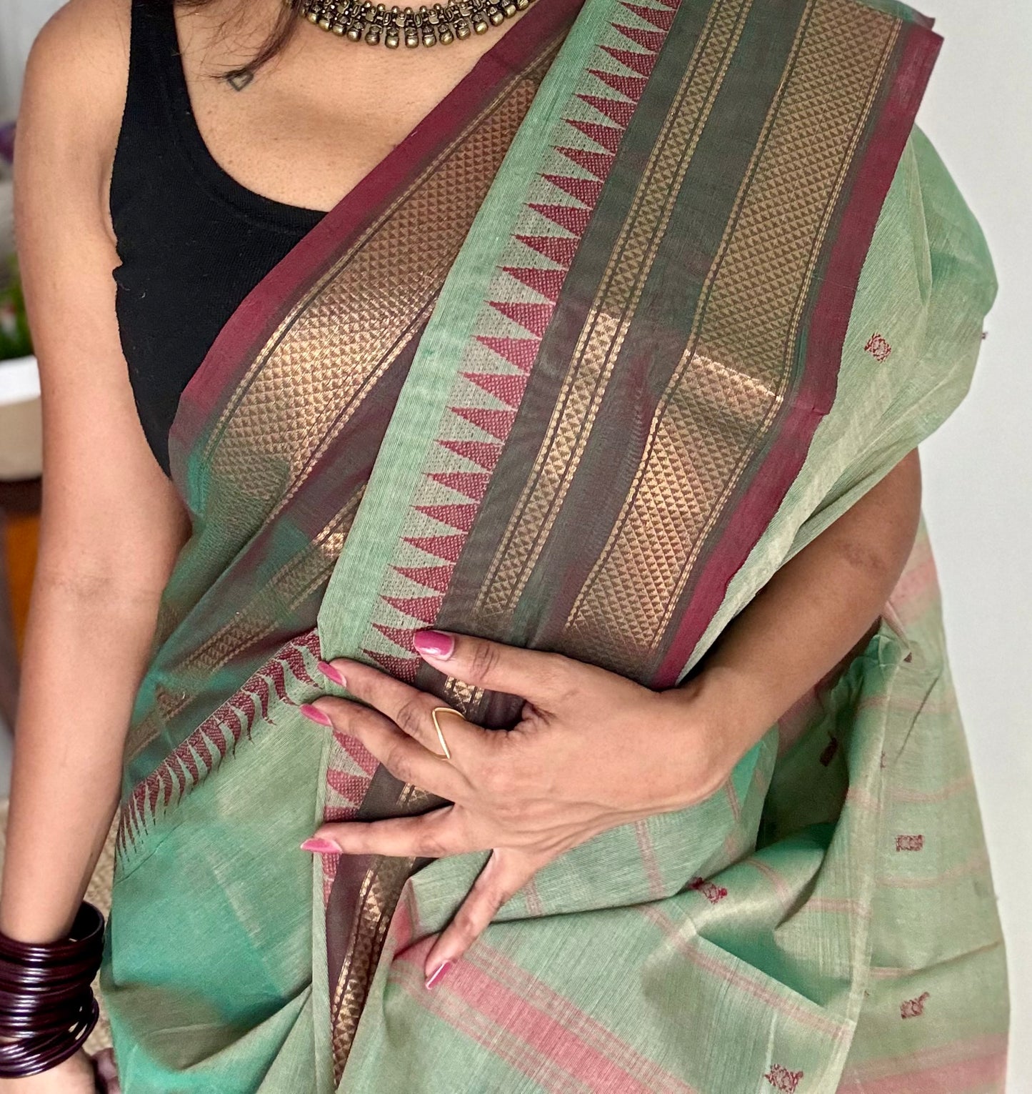 Kanchi cotton saree, mint green with brown khun inspired zari border - YCCOTNAP81