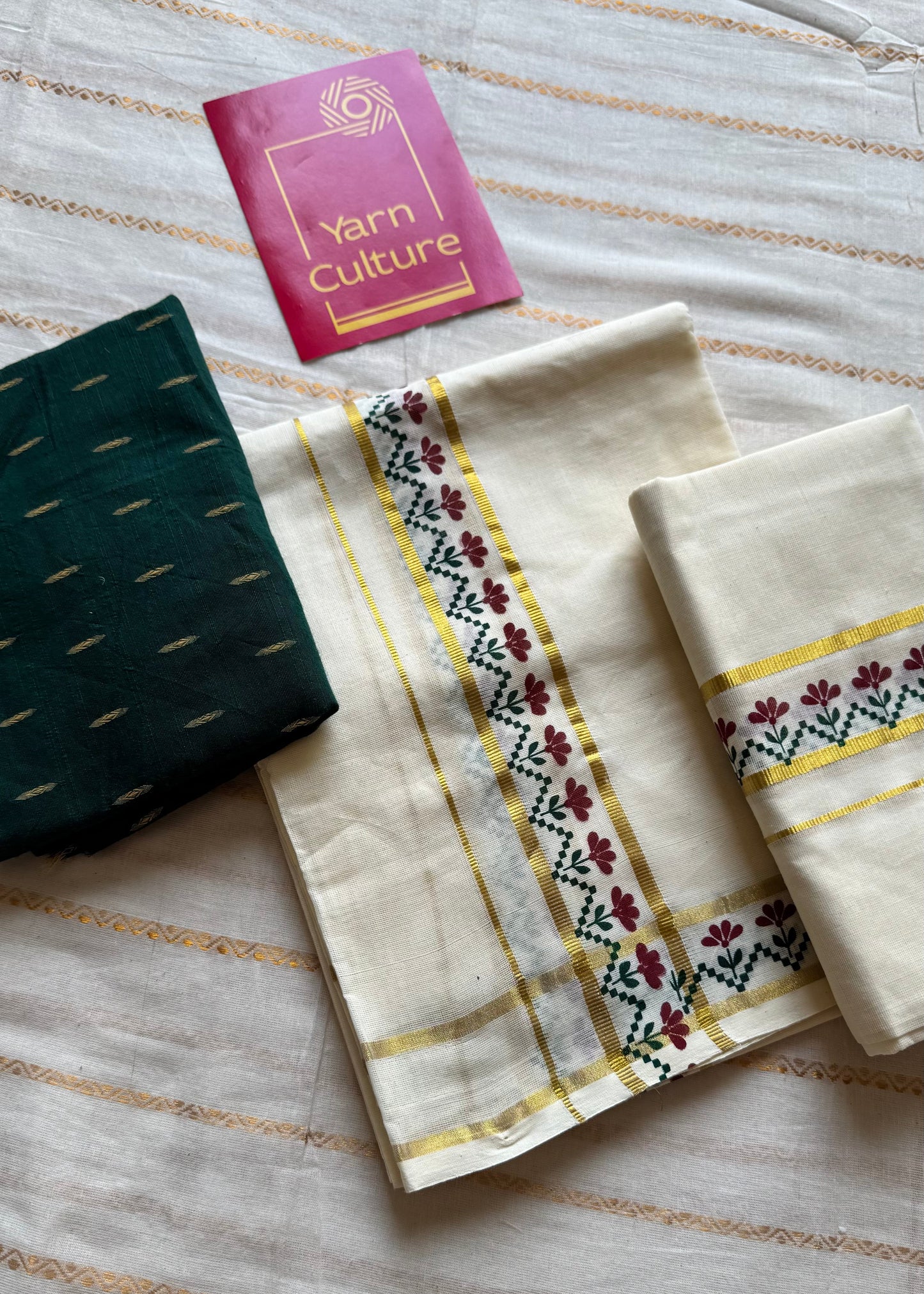 Set mund, maroon and green flowers, gold kasavu gap border - YCIEON107