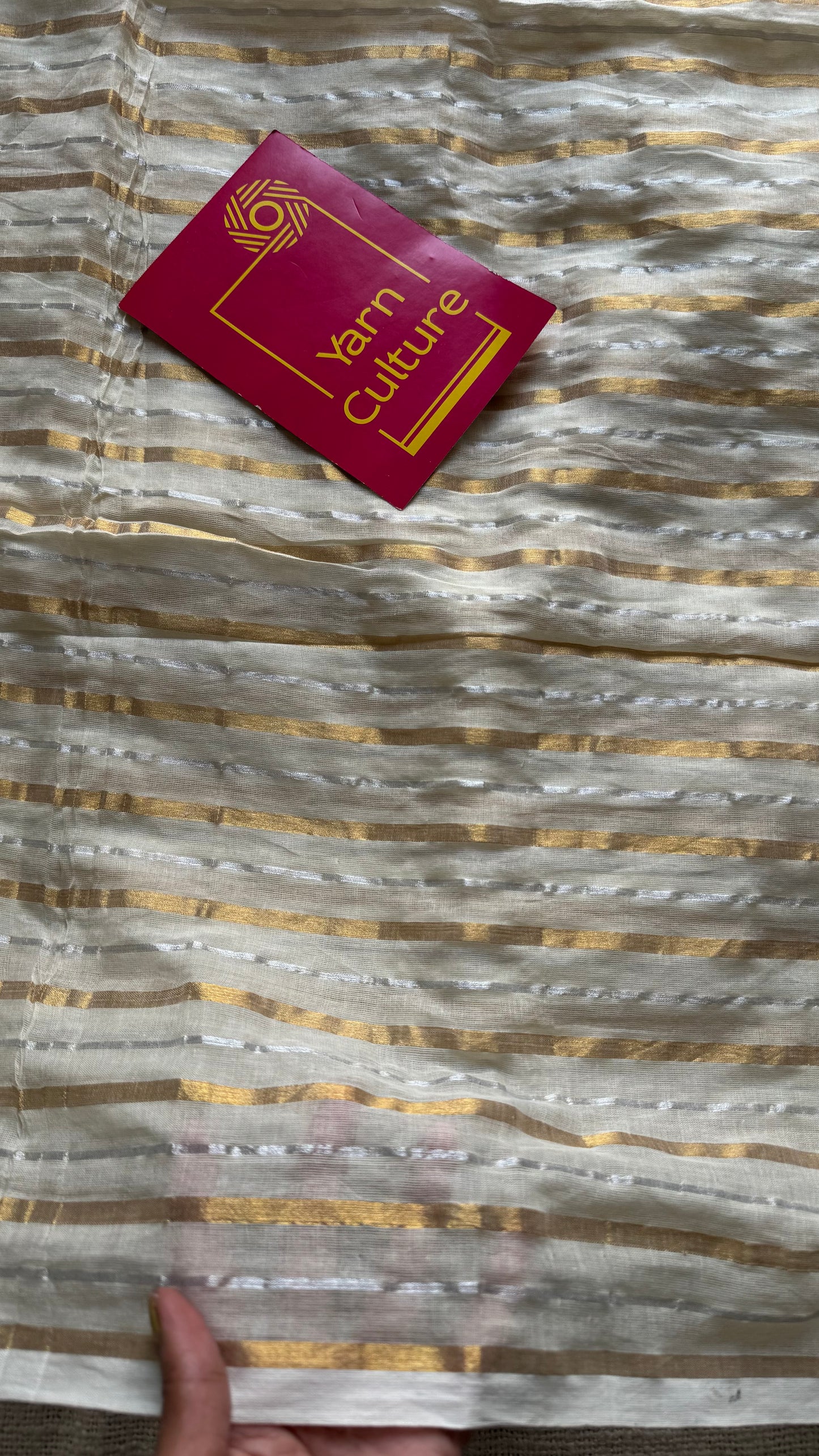 Ivory mul saree with gold and silver stripes - YCBCMCFE298