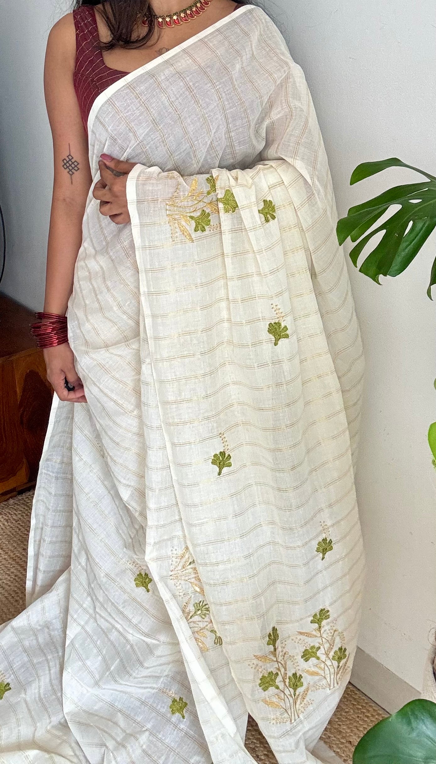 Ivory and gold soft cotton saree, light green floral embroidery  - YCIEON49
