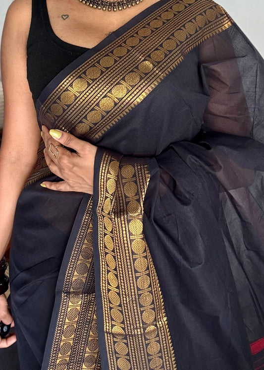 Chettinad cotton saree in black with zari motif border - YCCOTNJUCC08
