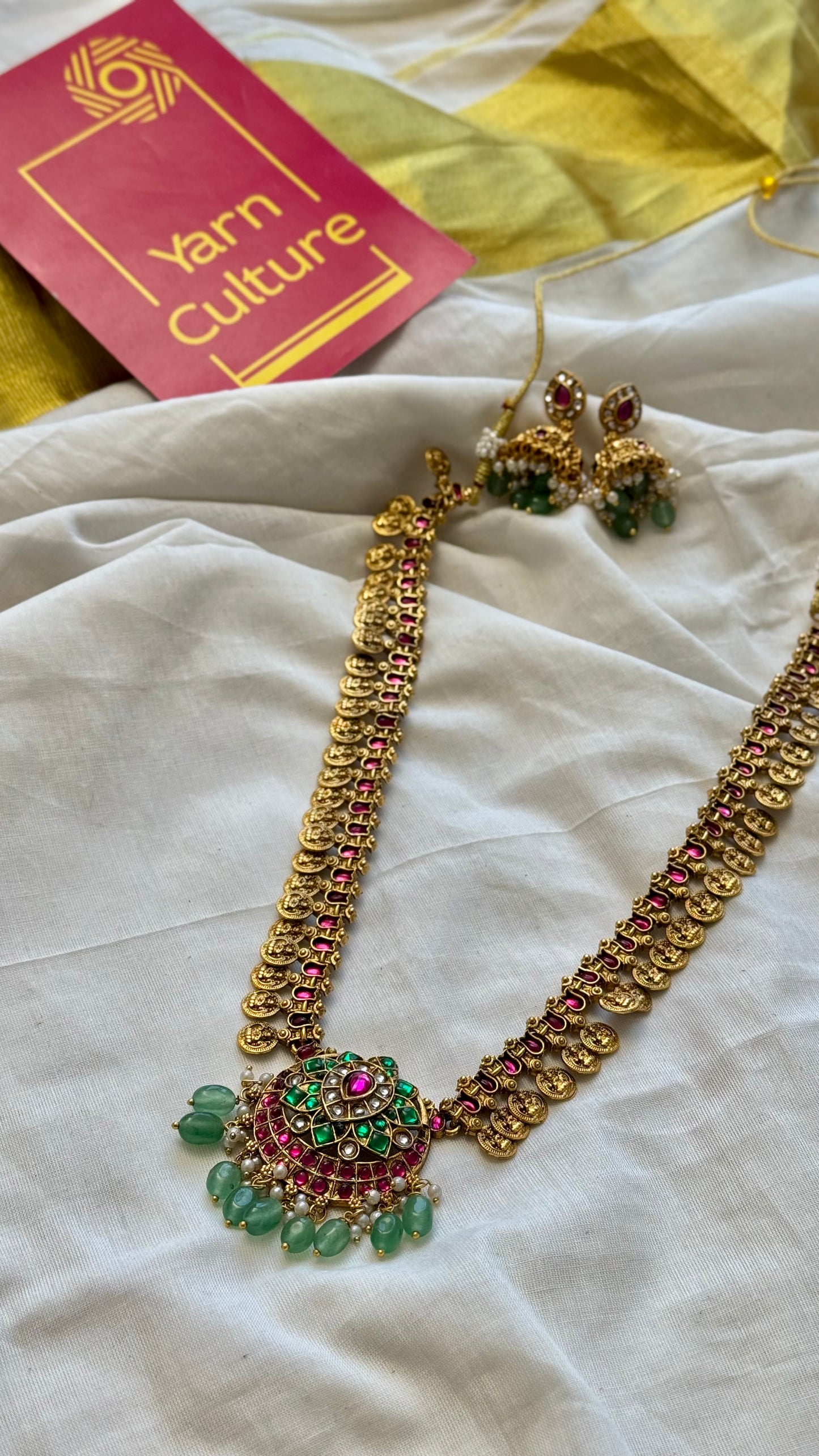 Long haram ruby, green stones and beads, coin pendants, with earrings - YCGPNP682