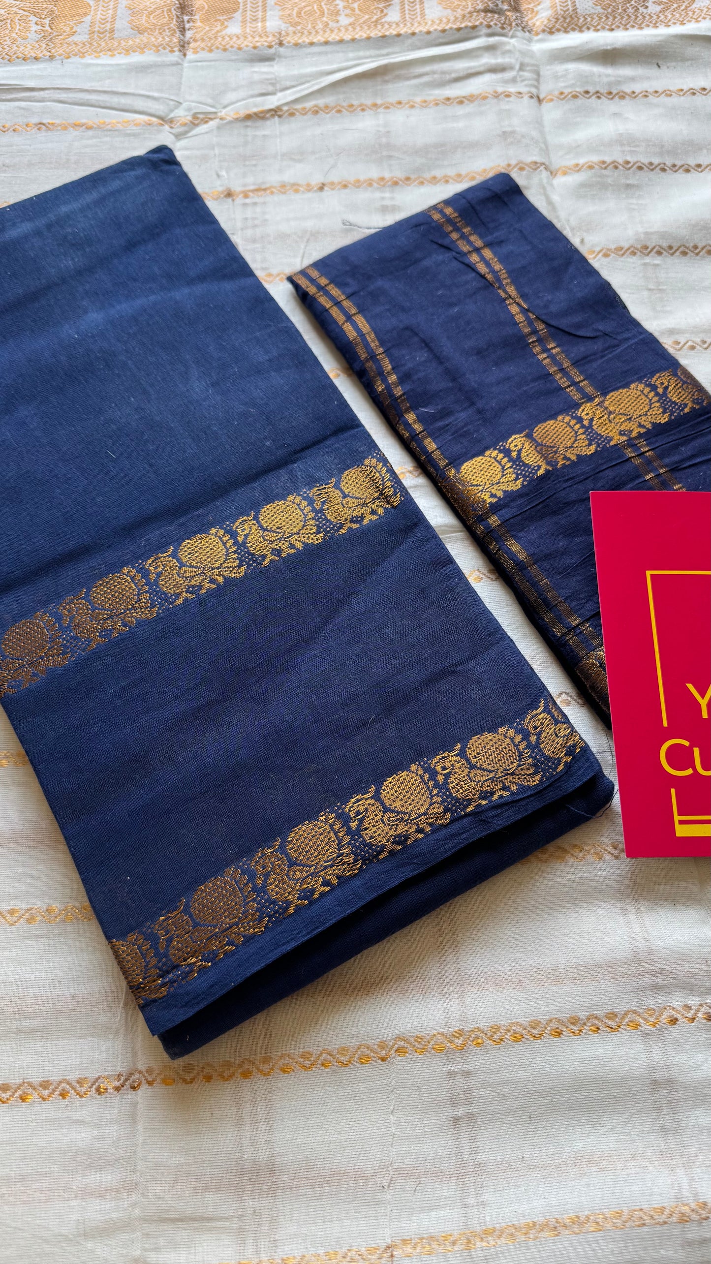 Dark blue rettaipettu peacock double bordered, kattuchayam dyed madurai cotton saree - YCCOTNMA277