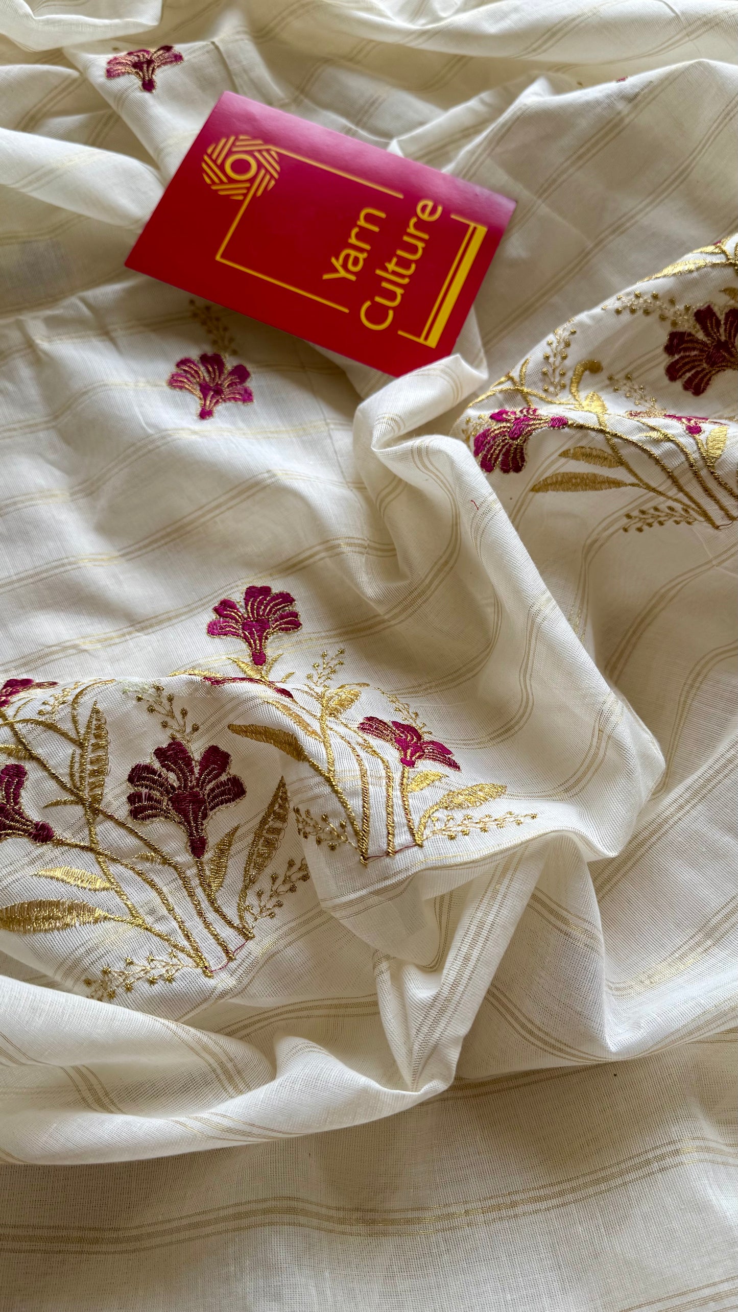 Ivory and gold soft cotton saree, maroon floral embroidery  - YCIEON50