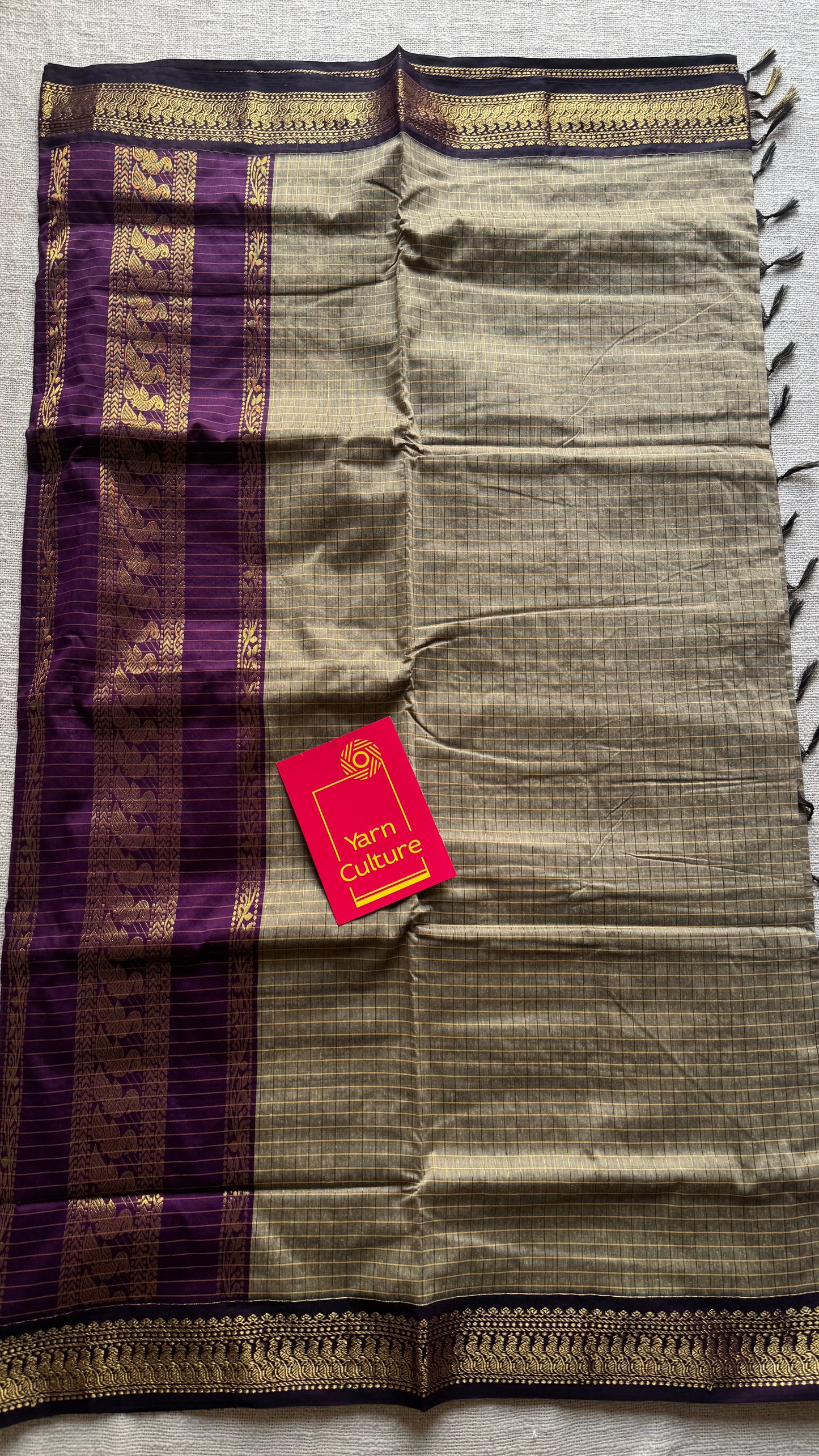 Grey with wine, checkered saree, cotton silk - YCCOTNKCFE64