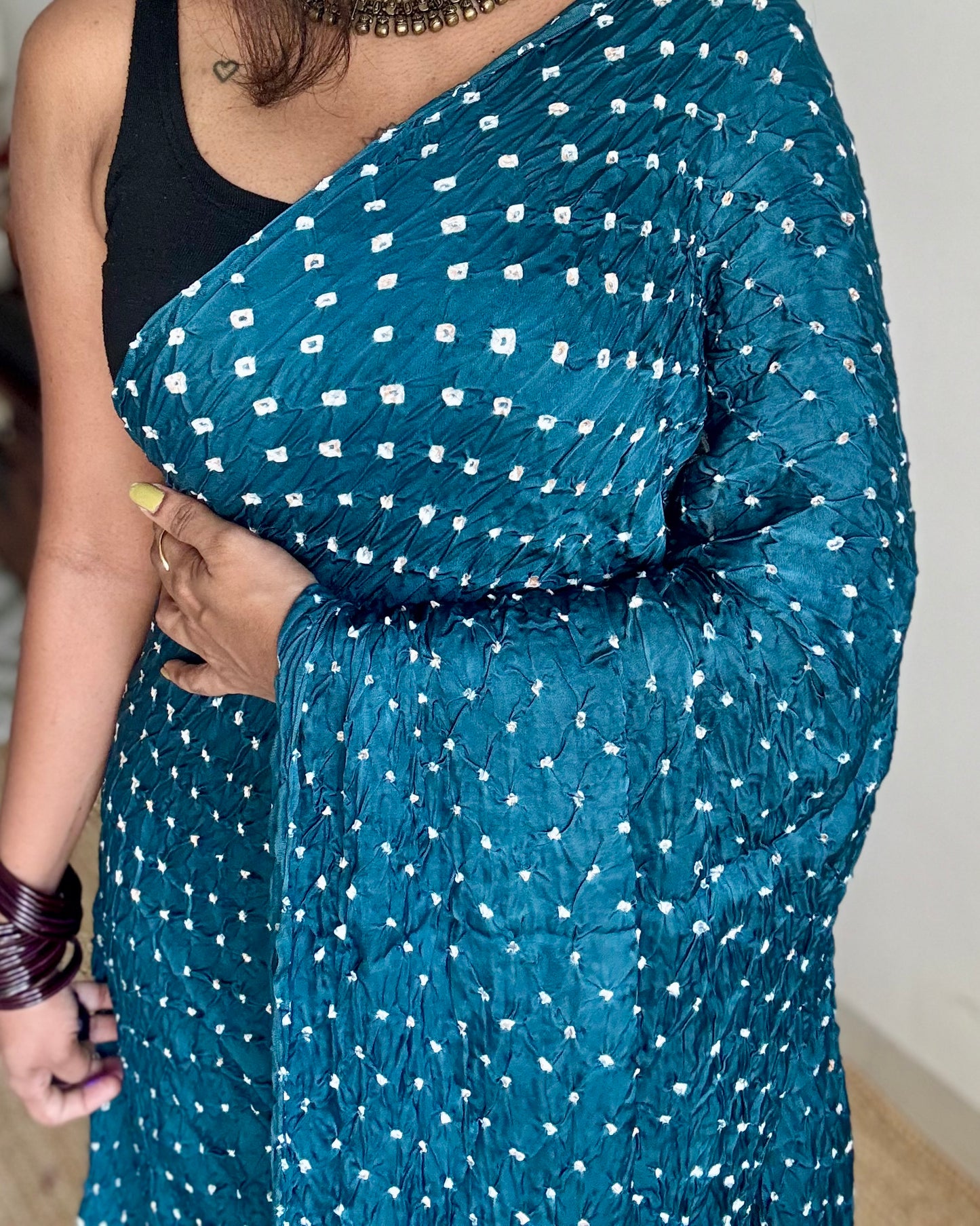 Teal/peacock blue, crushed bandhej pure modal silk saree with lagdi patta zari pallu - YCTOKBM330