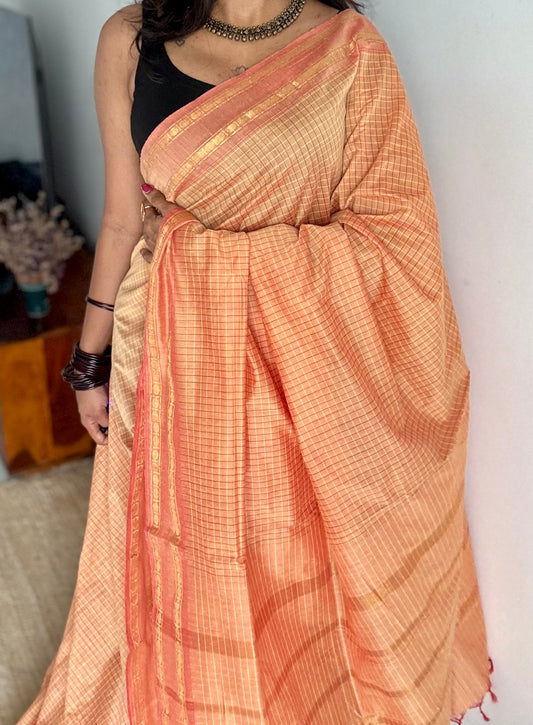 Salmon peach, arani checks, cotton silk - YCCOTNOCAR10