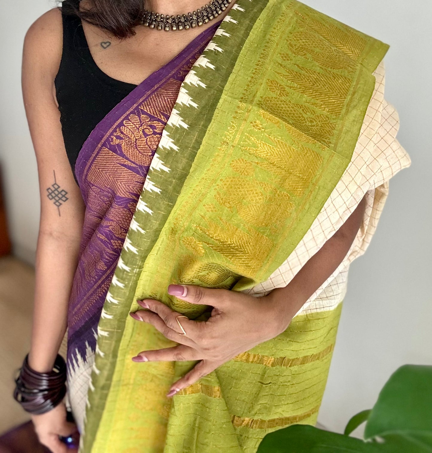 Sungudi cotton checks, ivory gold base, purple and lime green dual tone border, soft cotton - YCCOTNMSJUL08