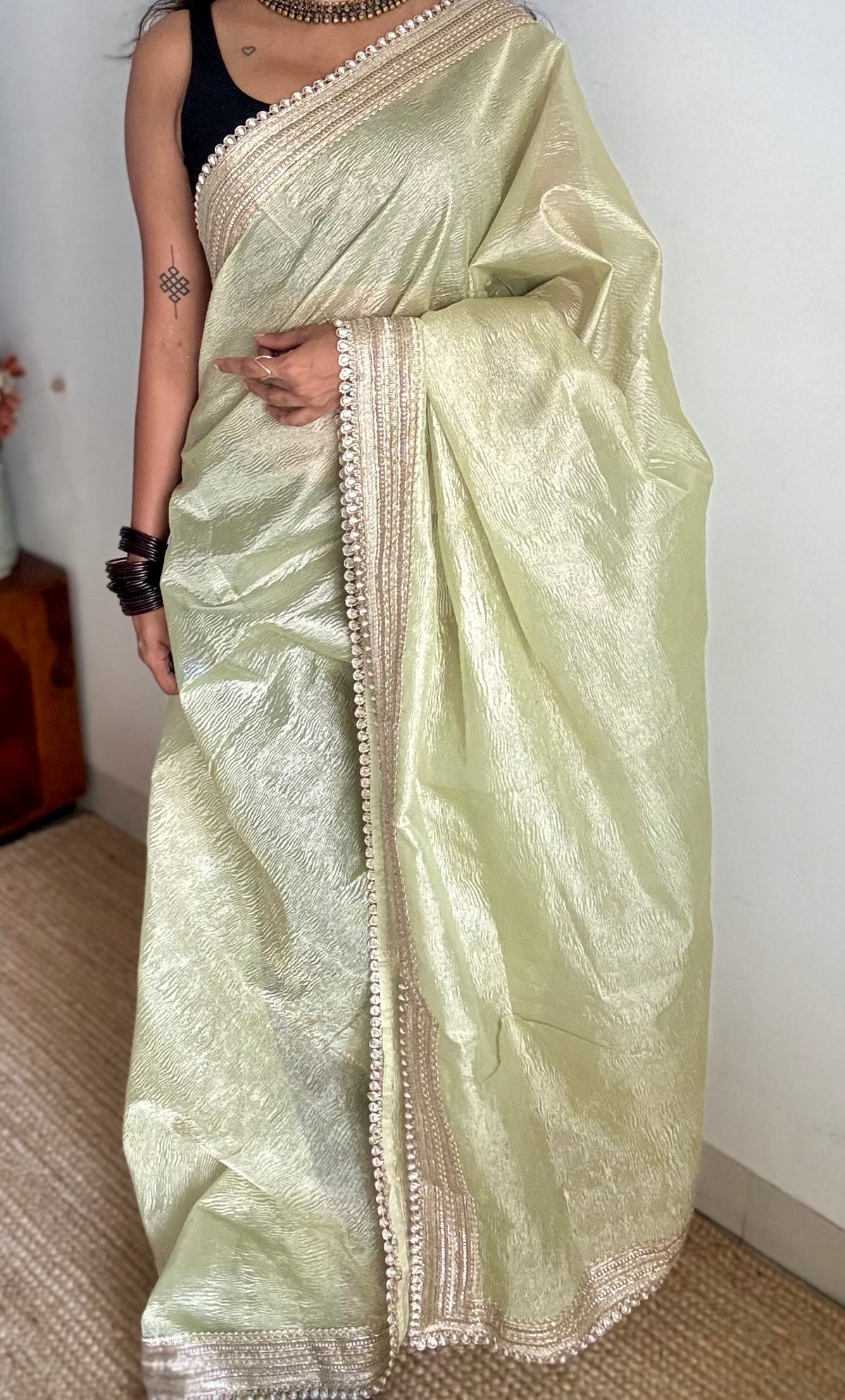 Pastel pista green crushed Banarasi tissue saree, with pearl lace border - YCBLTOC64