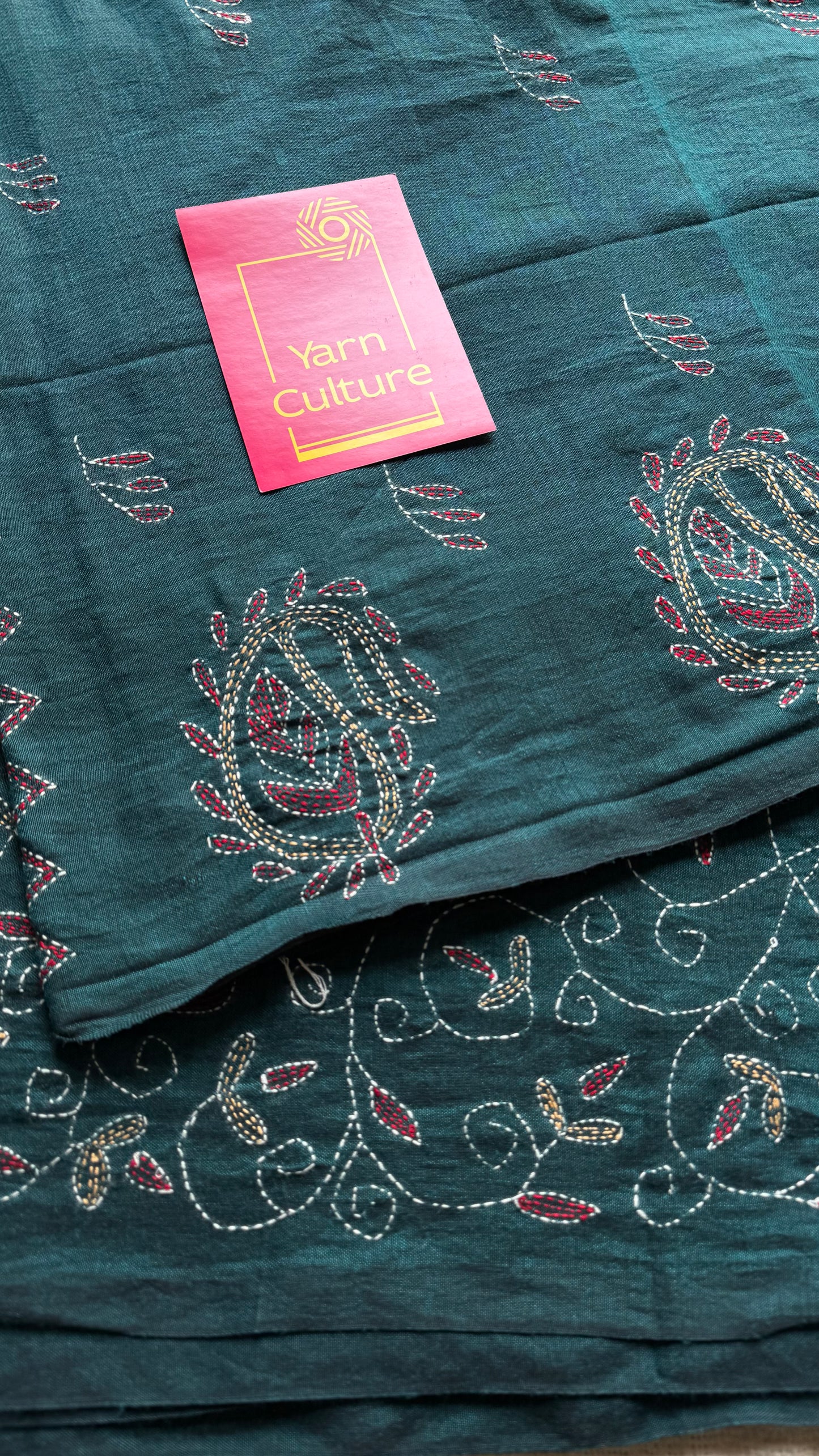 Embroidered peacock blue kantha weave in soft cotton - YCBCKKJA144