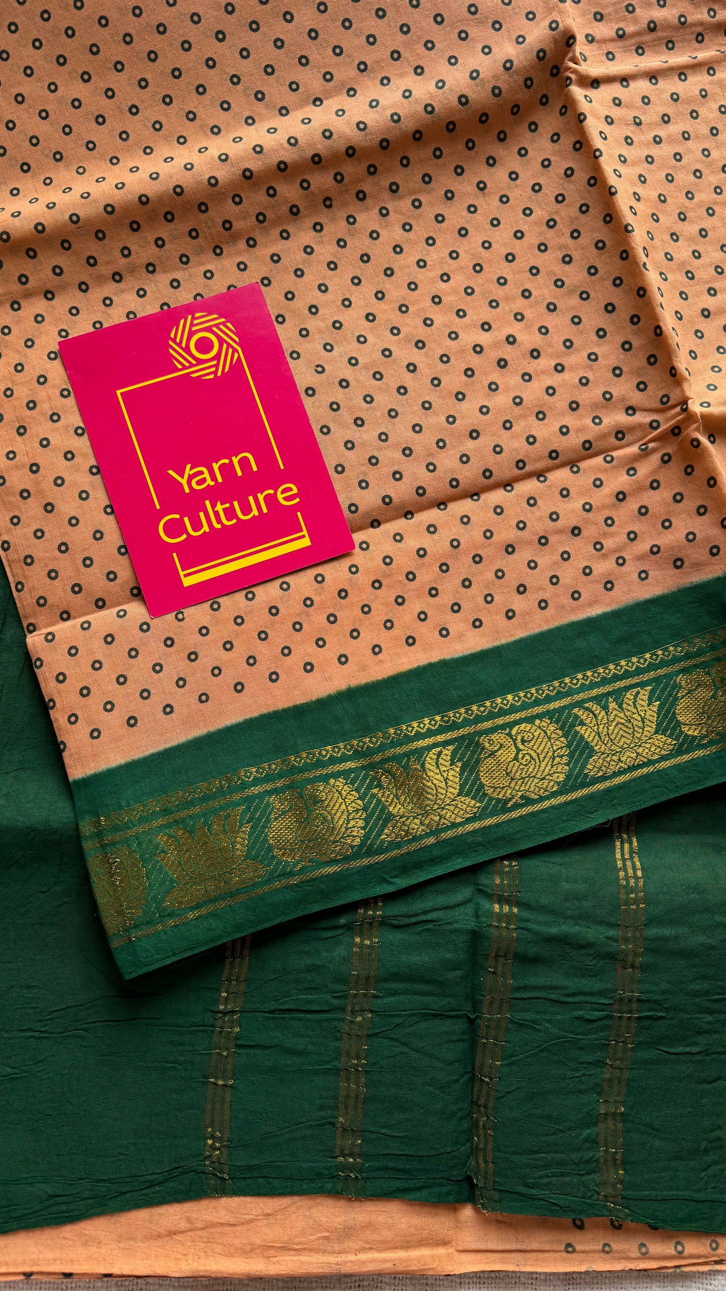 Peach with green, kattuchayam dyed madurai sungudi cotton saree - YCCOTNMSFE03