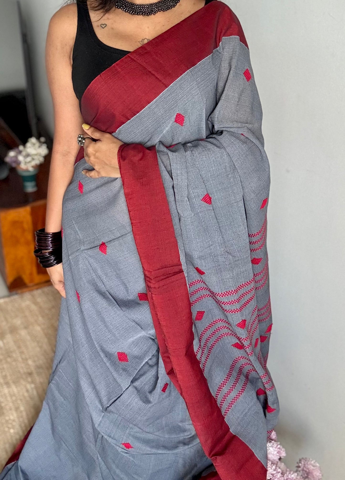 Grey with maroon, soft khadi cotton with woven motifs - YCBCKCDE24