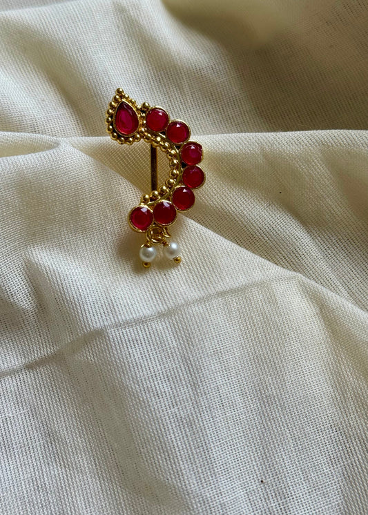 Gold plated, ruby coloured stone, clip on Maharashtrian nath - YCGPNC201