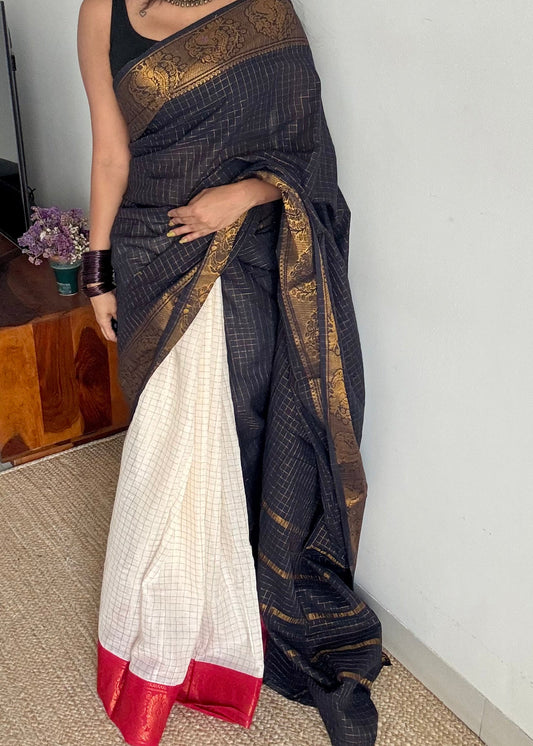 Black with ivory and red, sungudi cotton half-half saree - YCCOTNMSFE374