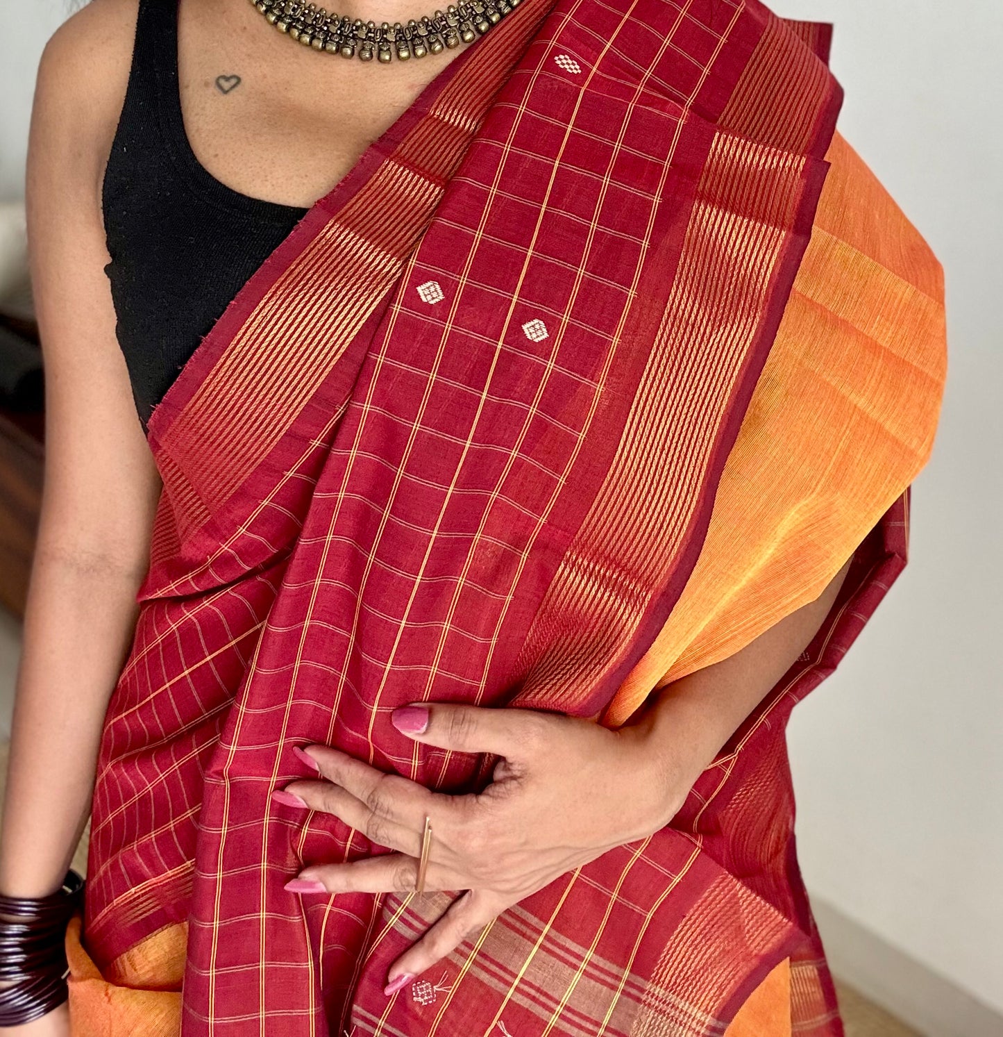 Orange and dark red contrast, Chettinad cotton saree with checkered border - YCCOTNMA268