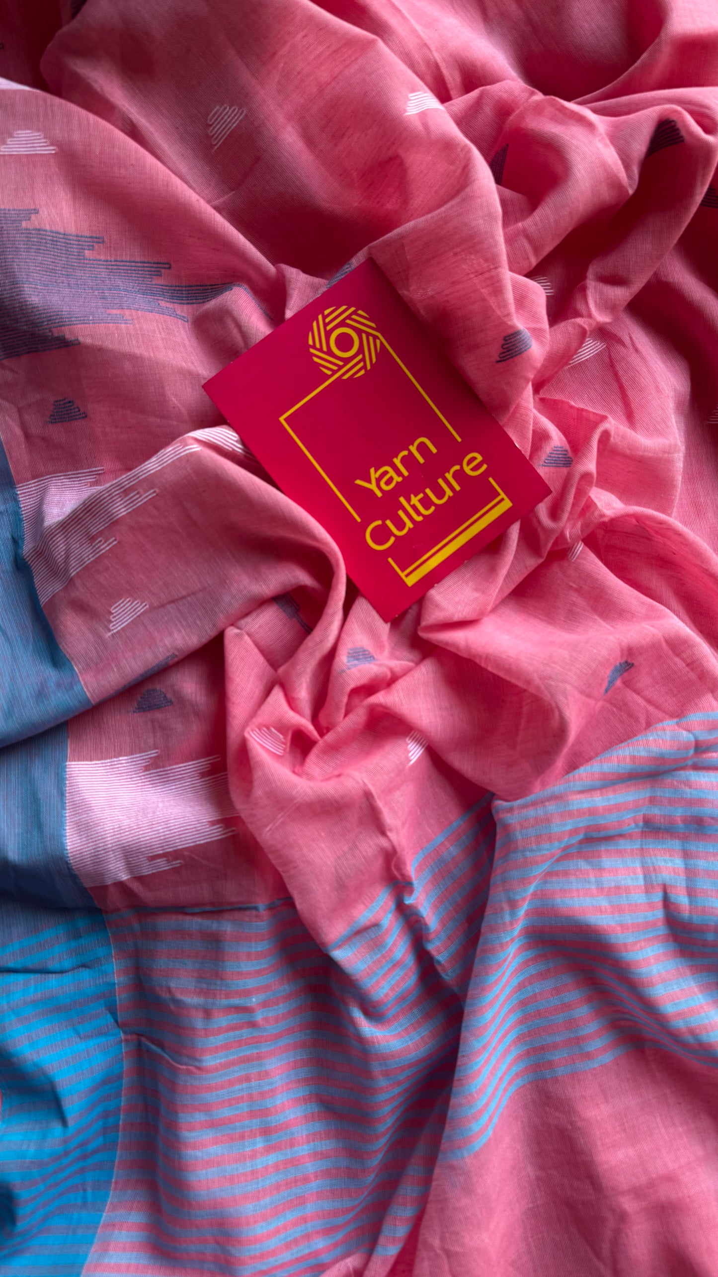 Peach pink with blue borders, temple motif woven threadwork, soft cotton - YCBCMKCDE31