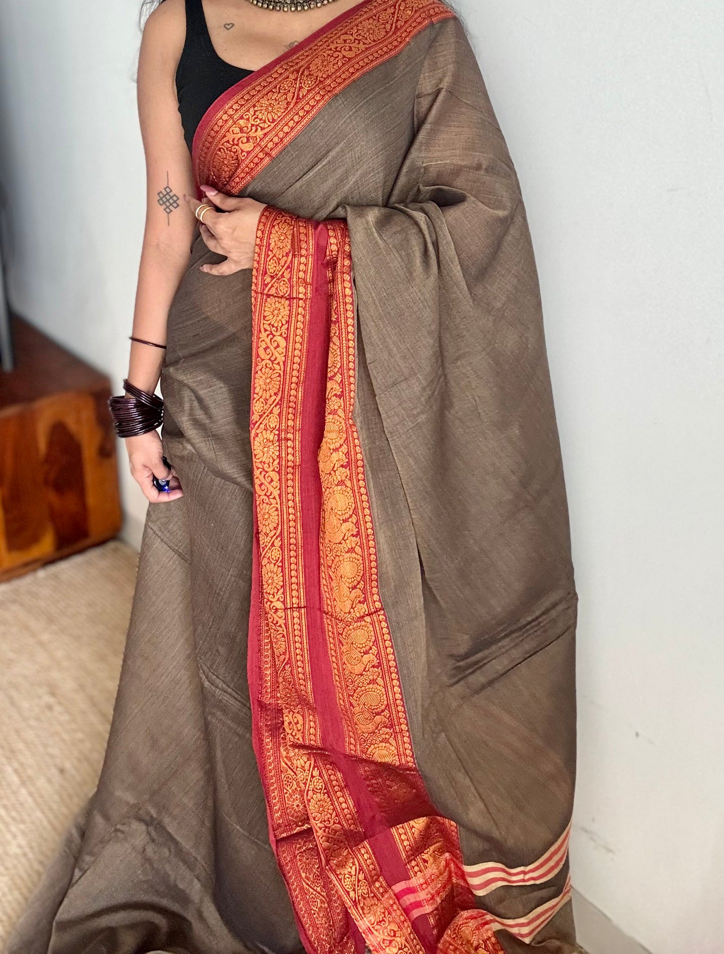 Grey with red wide border, narayanpet soft cotton saree - YCWOTDAUG05
