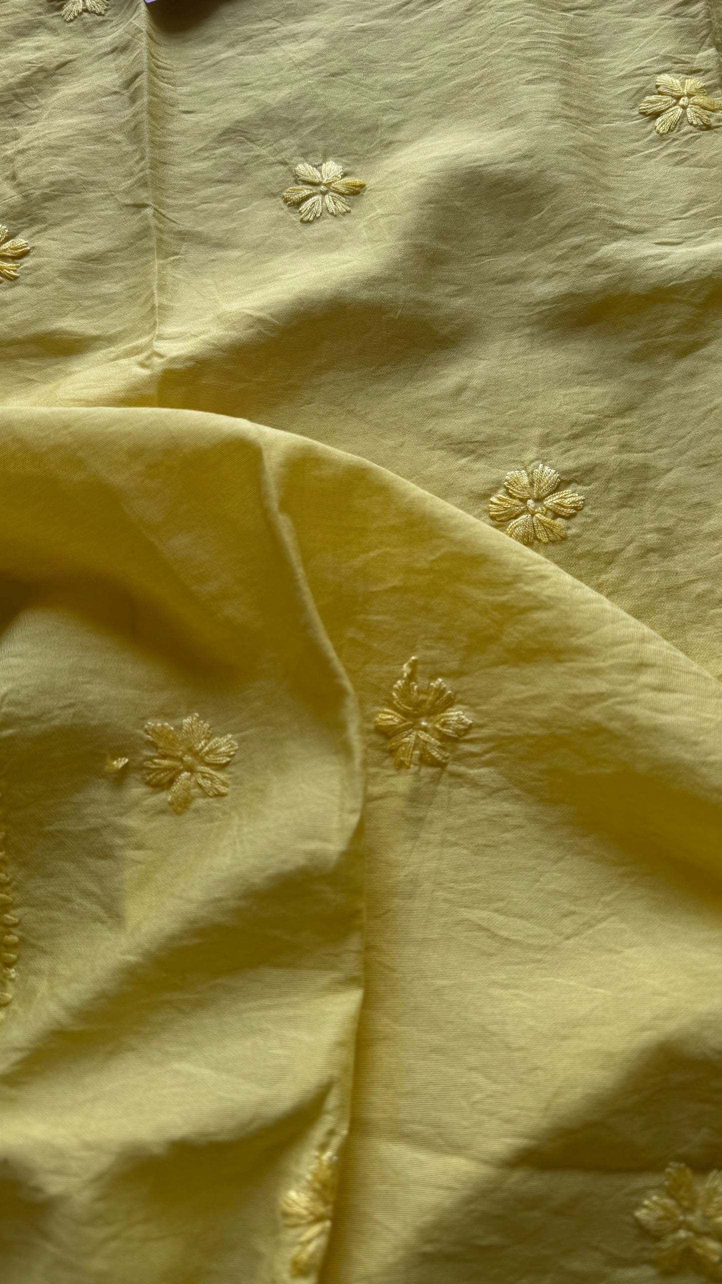 Light yellow chanderi chikankari with ghas patti work, stitched kurta, round neck, three fourth sleeves - YCSECK05