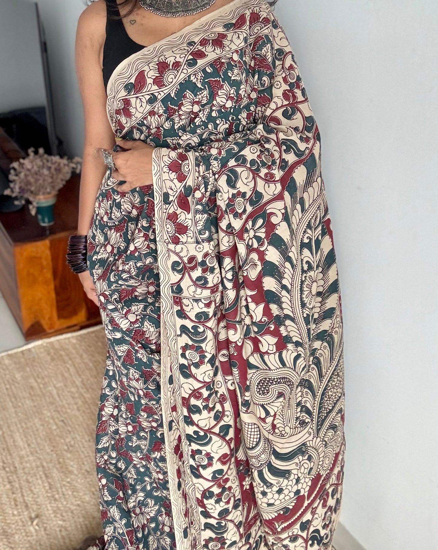 Bluish grey with beige and maroon kalamkari, floral vines, soft cotton - YCWOTDOCMP86