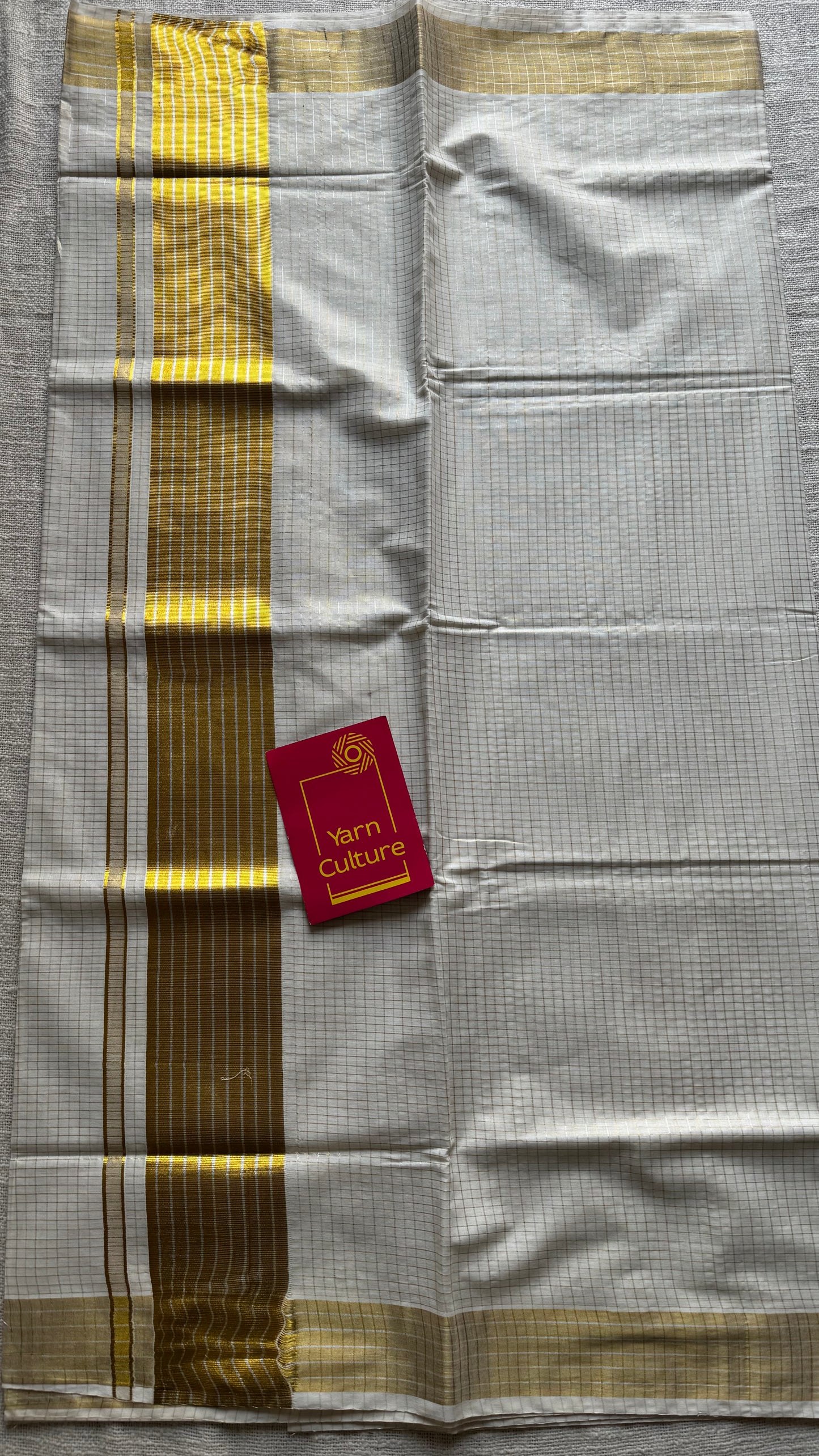 Ivory Kerala tissue cotton saree with silver and gold checks - YCIEKCFE308